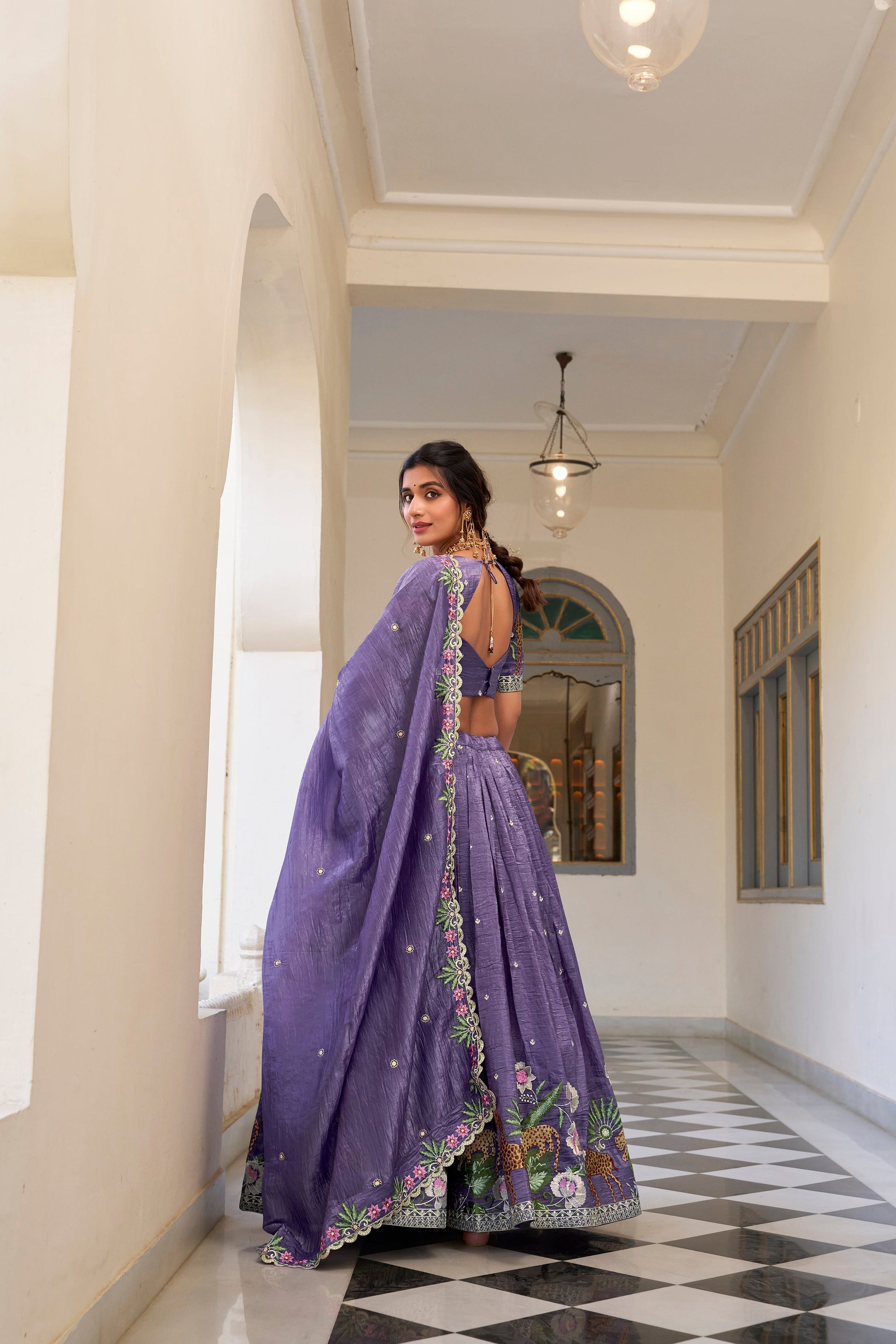Lorenvalley Lavender Gold Crush Fabric with Sequins and Thread Embroidery Work Lehenga Choli 