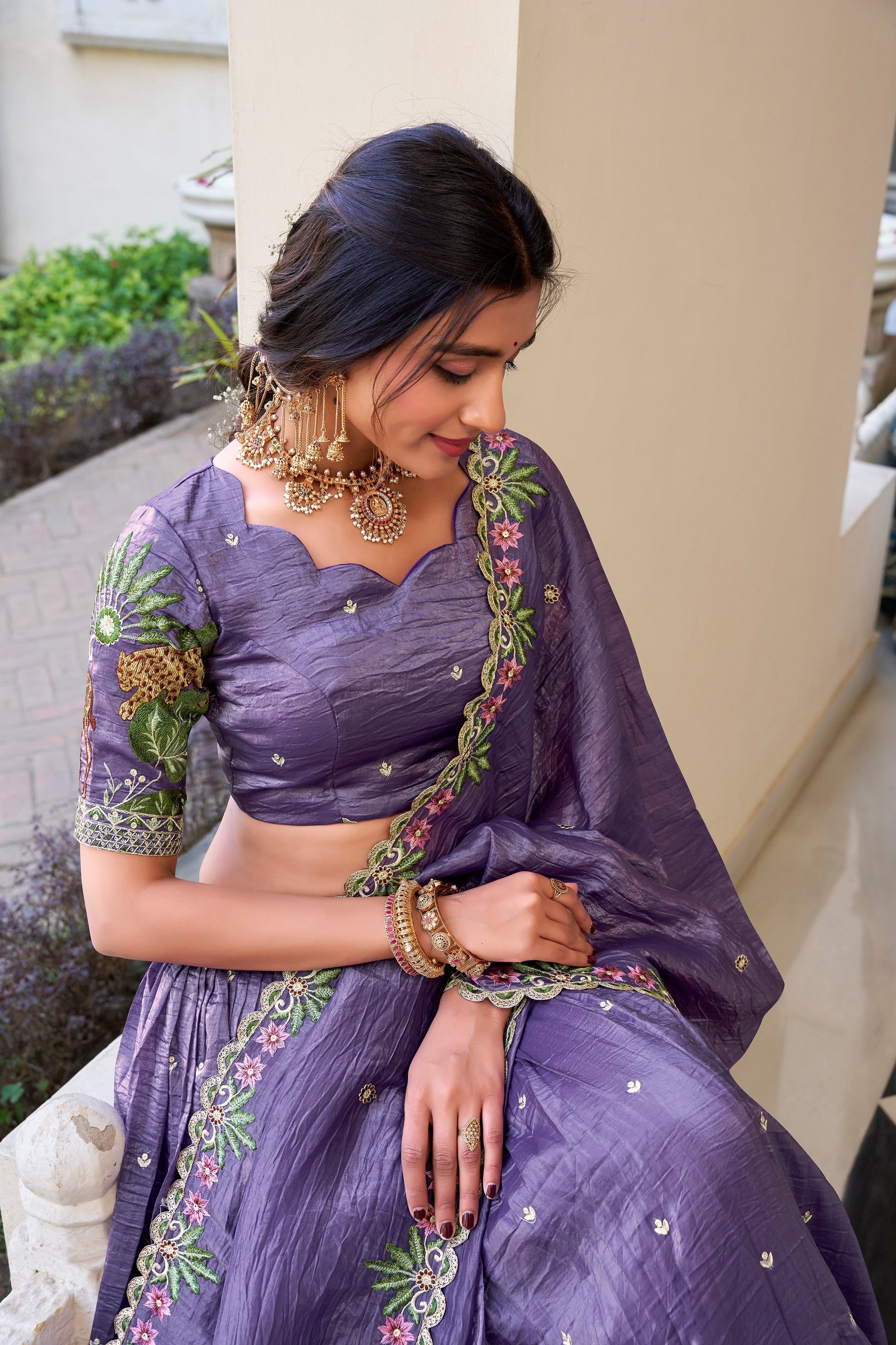 Lorenvalley Lavender Gold Crush Fabric with Sequins and Thread Embroidery Work Lehenga Choli 