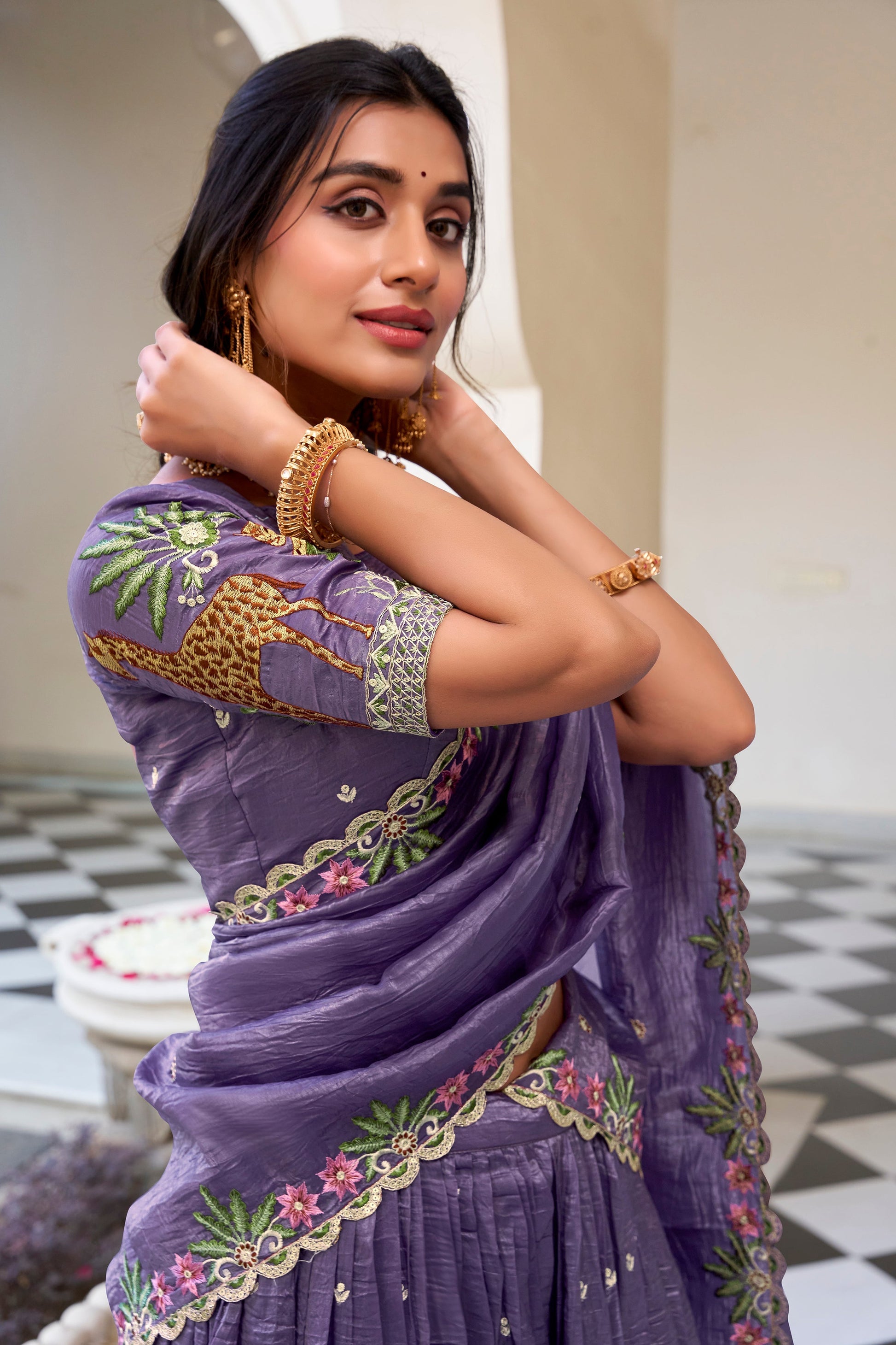 Lorenvalley Lavender Gold Crush Fabric with Sequins and Thread Embroidery Work Lehenga Choli 