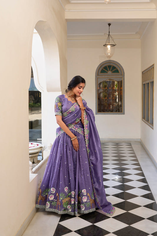 Lorenvalley Lavender Gold Crush Fabric with Sequins and Thread Embroidery Work Lehenga Choli 