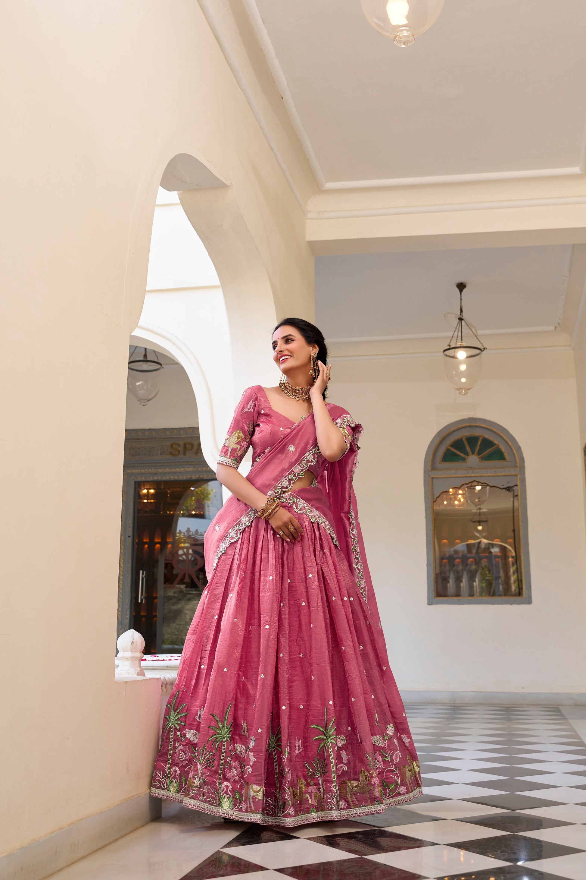 Lorenvalley Pink Gold Crush Fabric with Sequins and Thread Embroidery Work Lehenga Choli 