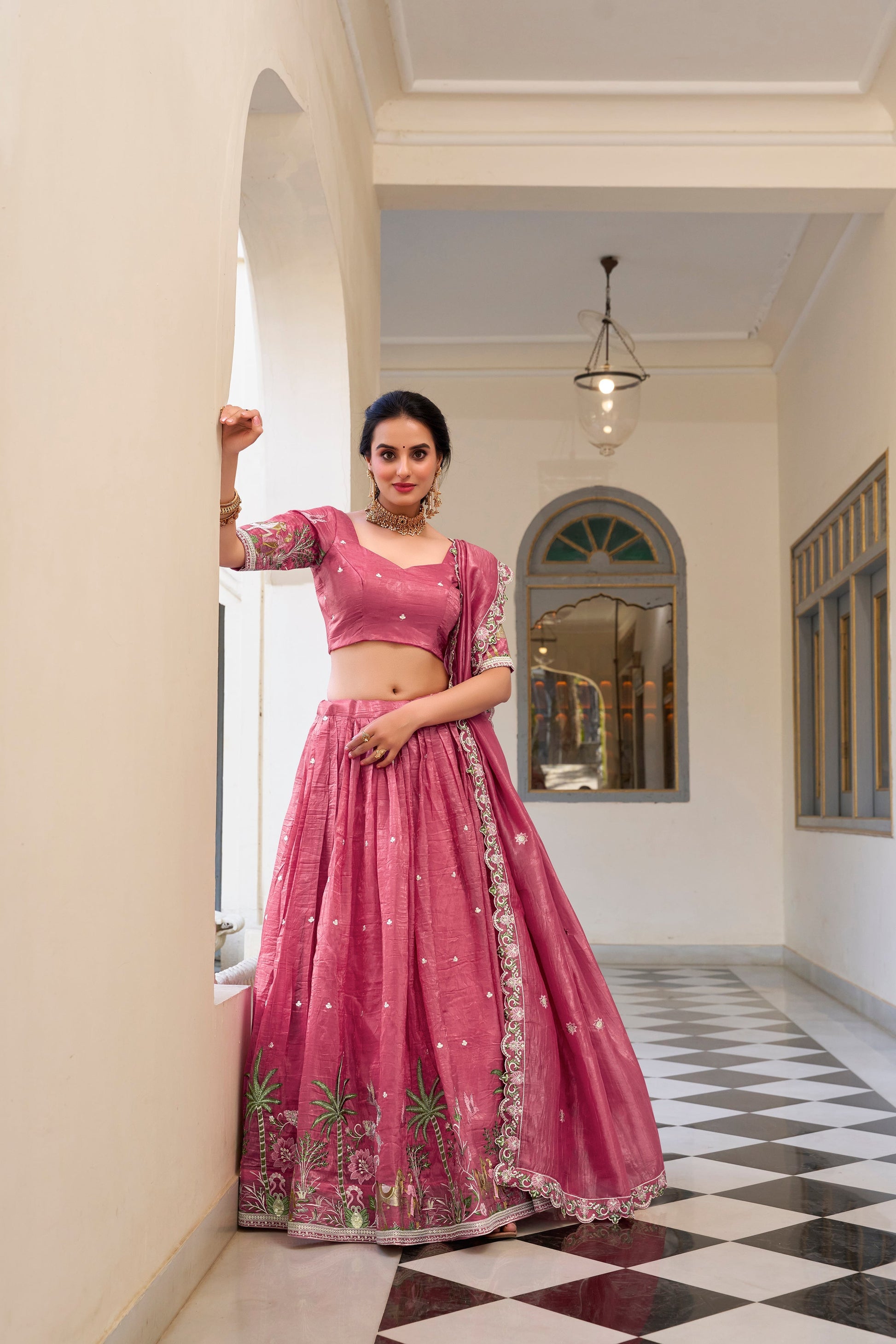 Lorenvalley Pink Gold Crush Fabric with Sequins and Thread Embroidery Work Lehenga Choli 