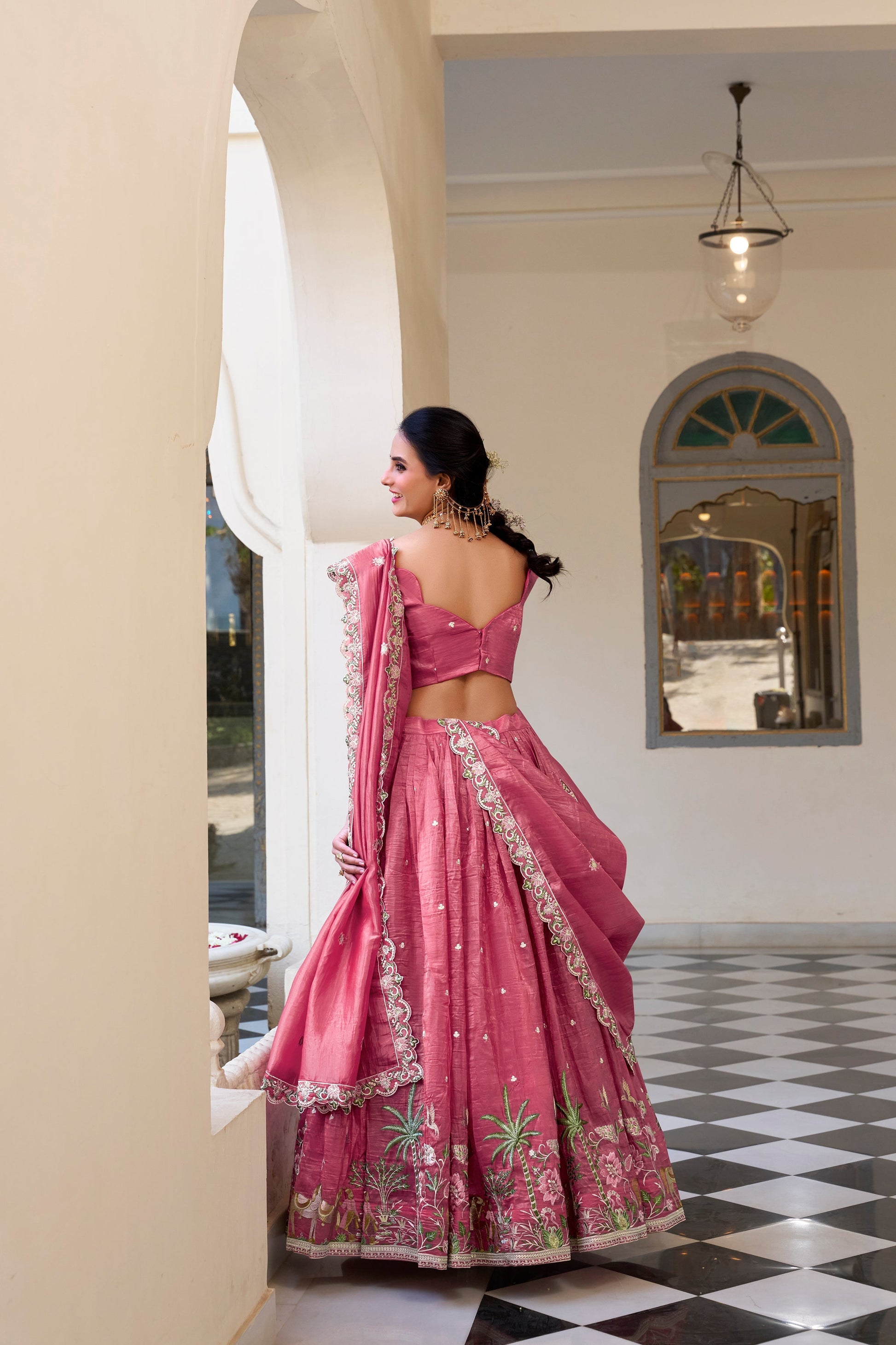 Lorenvalley Pink Gold Crush Fabric with Sequins and Thread Embroidery Work Lehenga Choli 