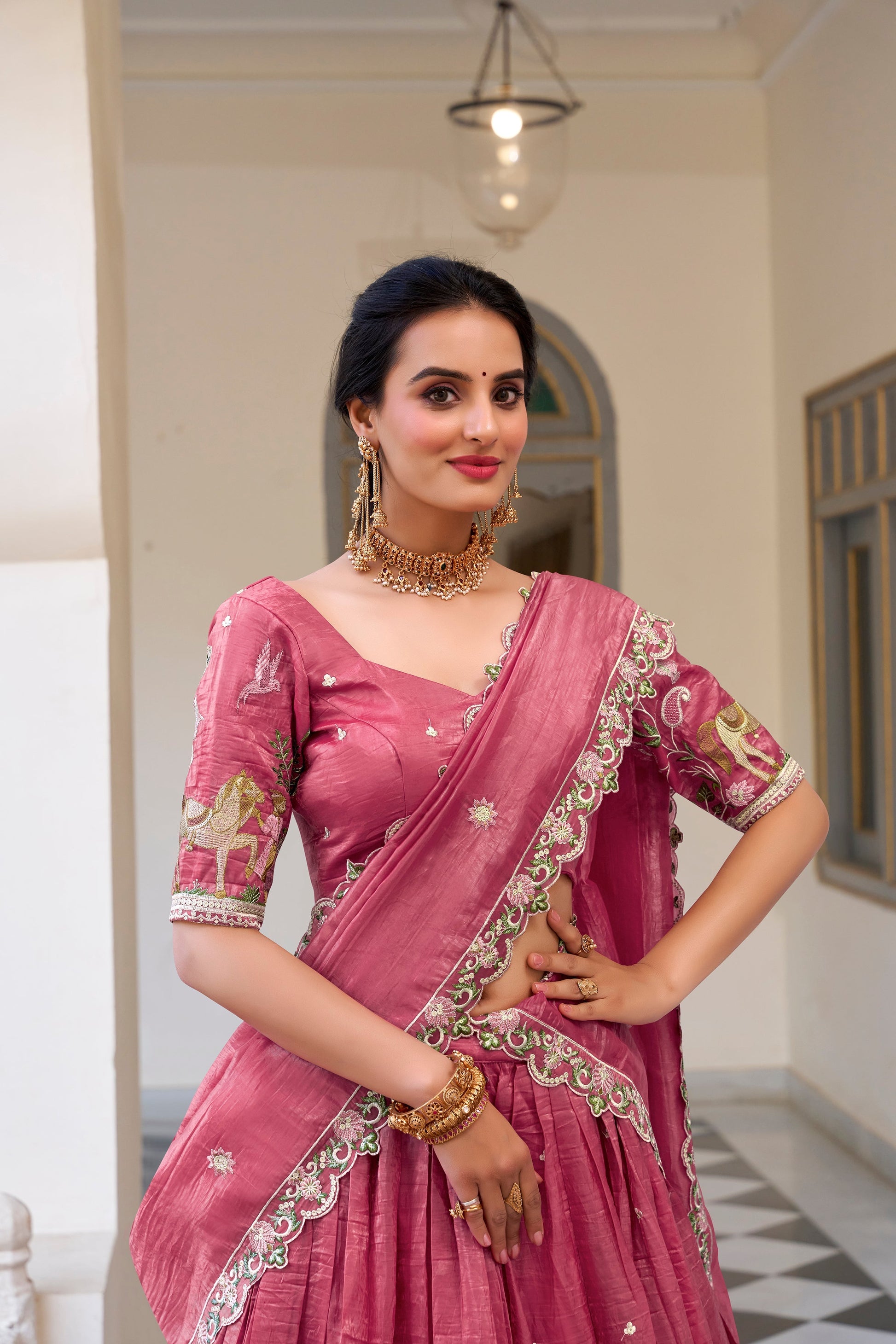 Lorenvalley Pink Gold Crush Fabric with Sequins and Thread Embroidery Work Lehenga Choli 