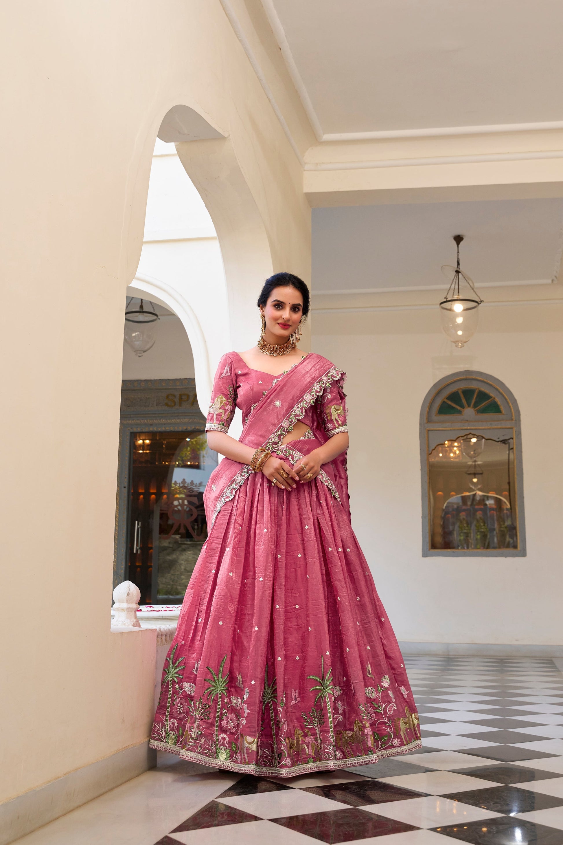 Lorenvalley Pink Gold Crush Fabric with Sequins and Thread Embroidery Work Lehenga Choli 