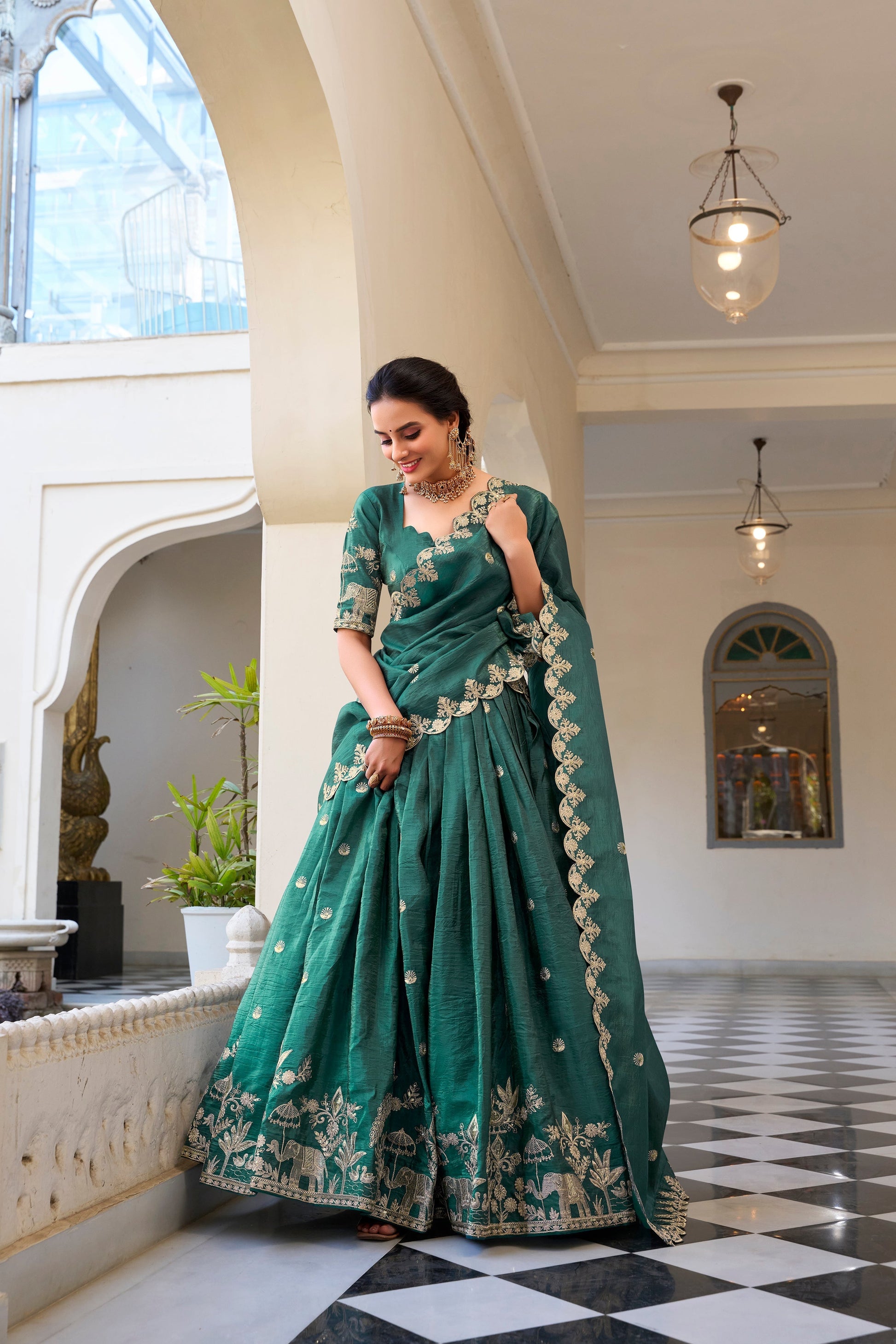 Lorenvalley Teal Gold Crush Fabric with Sequins and Thread Embroidery Work Lehenga Choli 