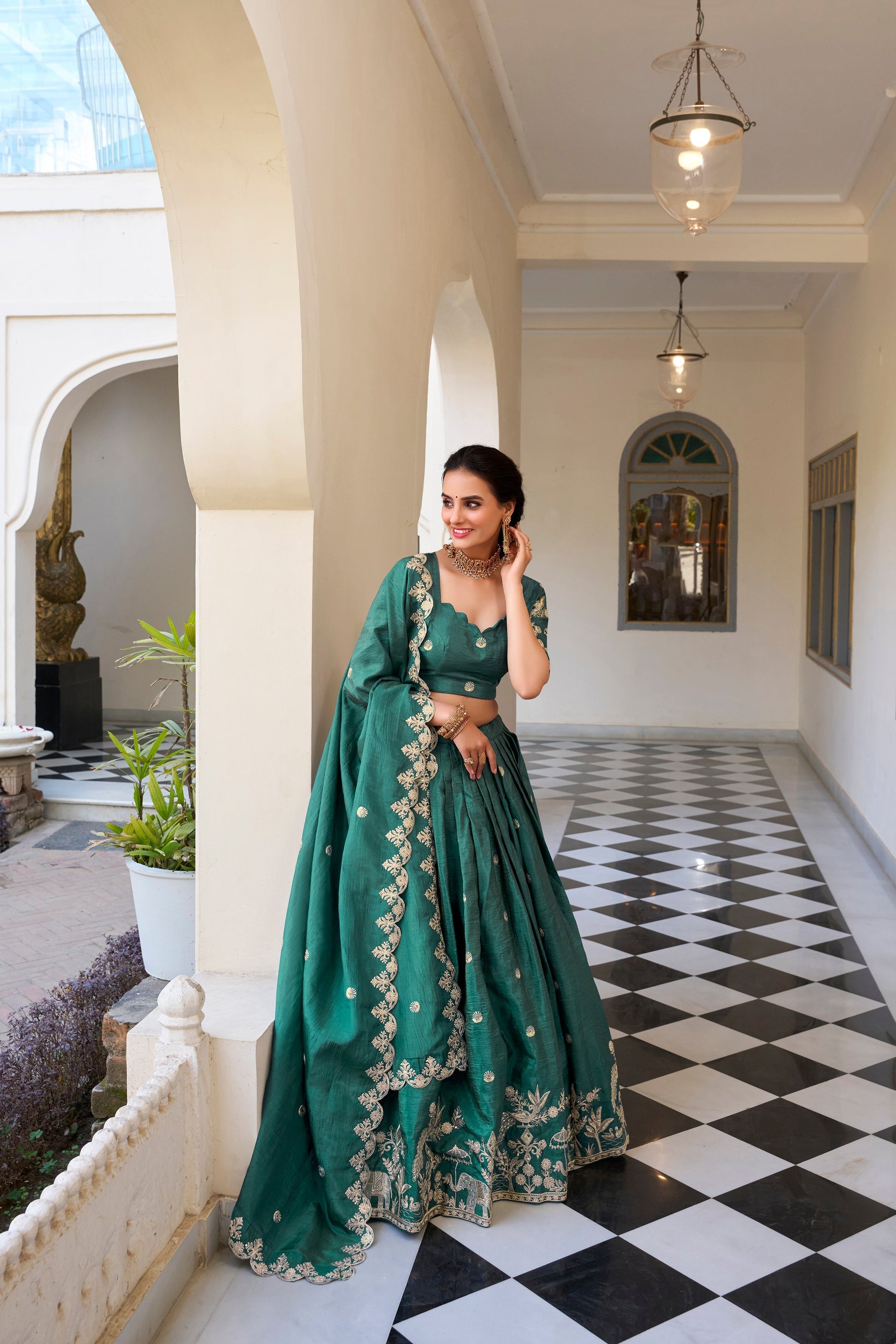 Lorenvalley Teal Gold Crush Fabric with Sequins and Thread Embroidery Work Lehenga Choli 