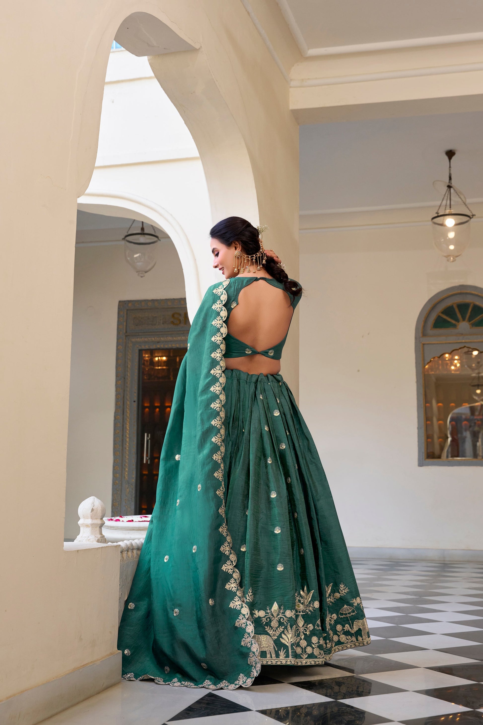 Lorenvalley Teal Gold Crush Fabric with Sequins and Thread Embroidery Work Lehenga Choli 
