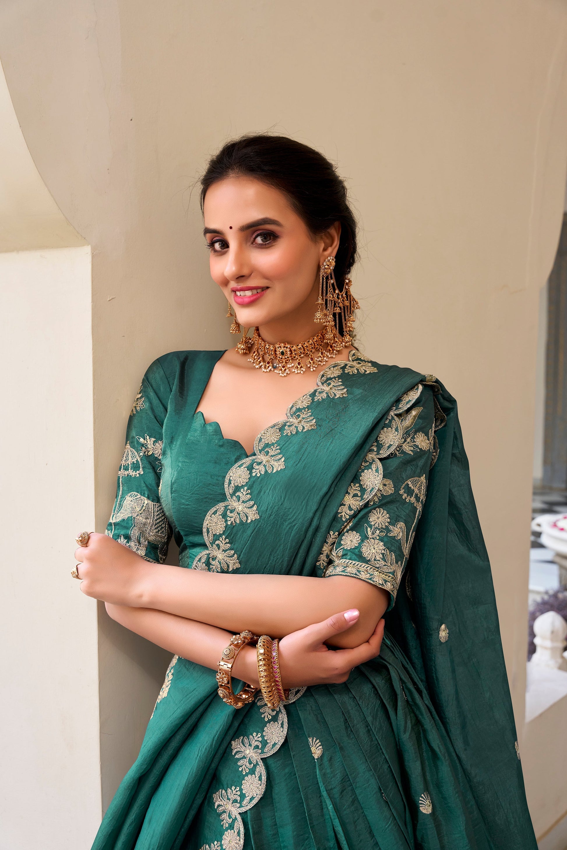 Lorenvalley Teal Gold Crush Fabric with Sequins and Thread Embroidery Work Lehenga Choli 