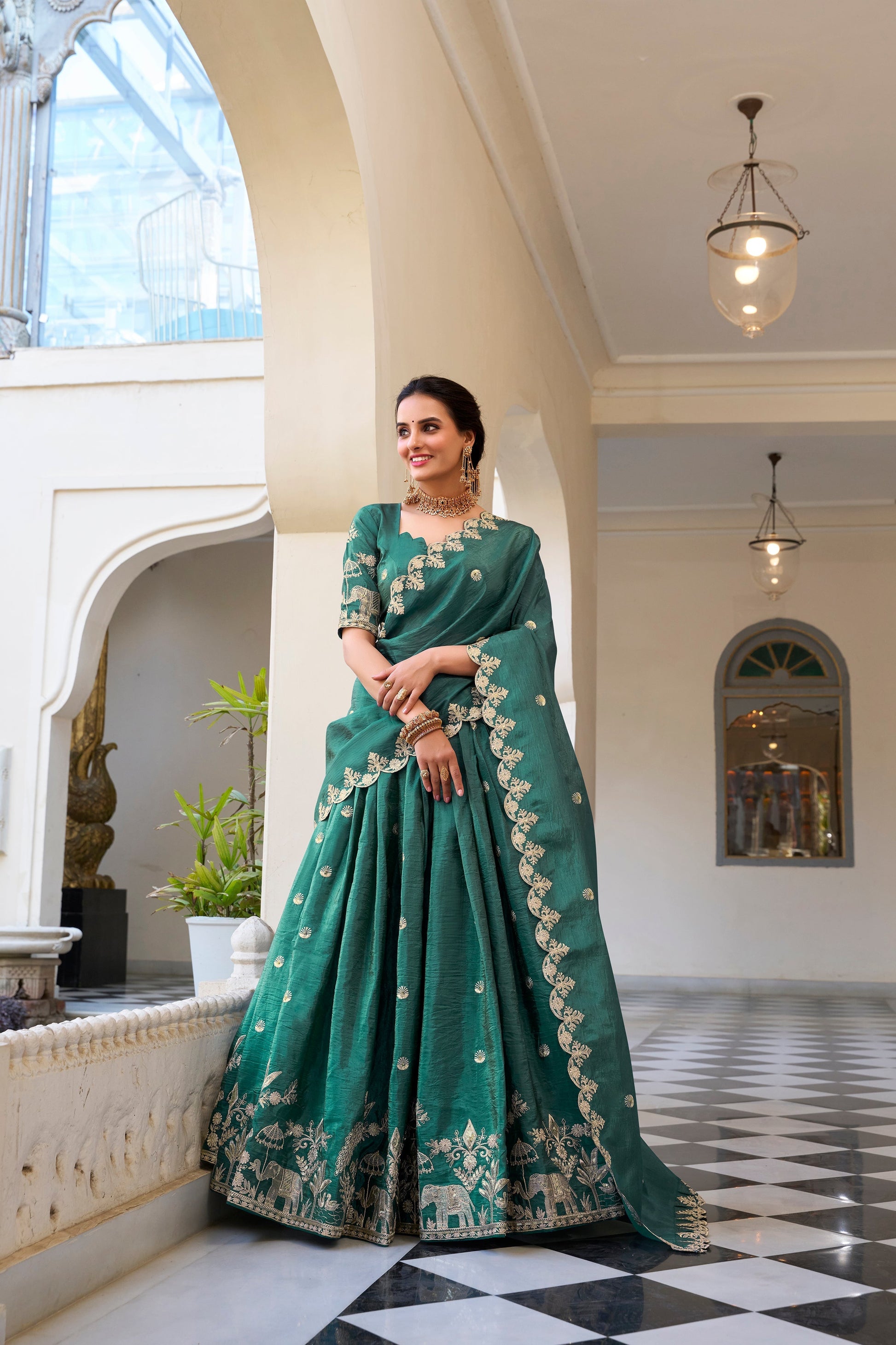 Lorenvalley Teal Gold Crush Fabric with Sequins and Thread Embroidery Work Lehenga Choli 
