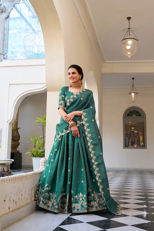 Lorenvalley Teal Gold Crush Fabric with Sequins and Thread Embroidery Work Lehenga Choli 