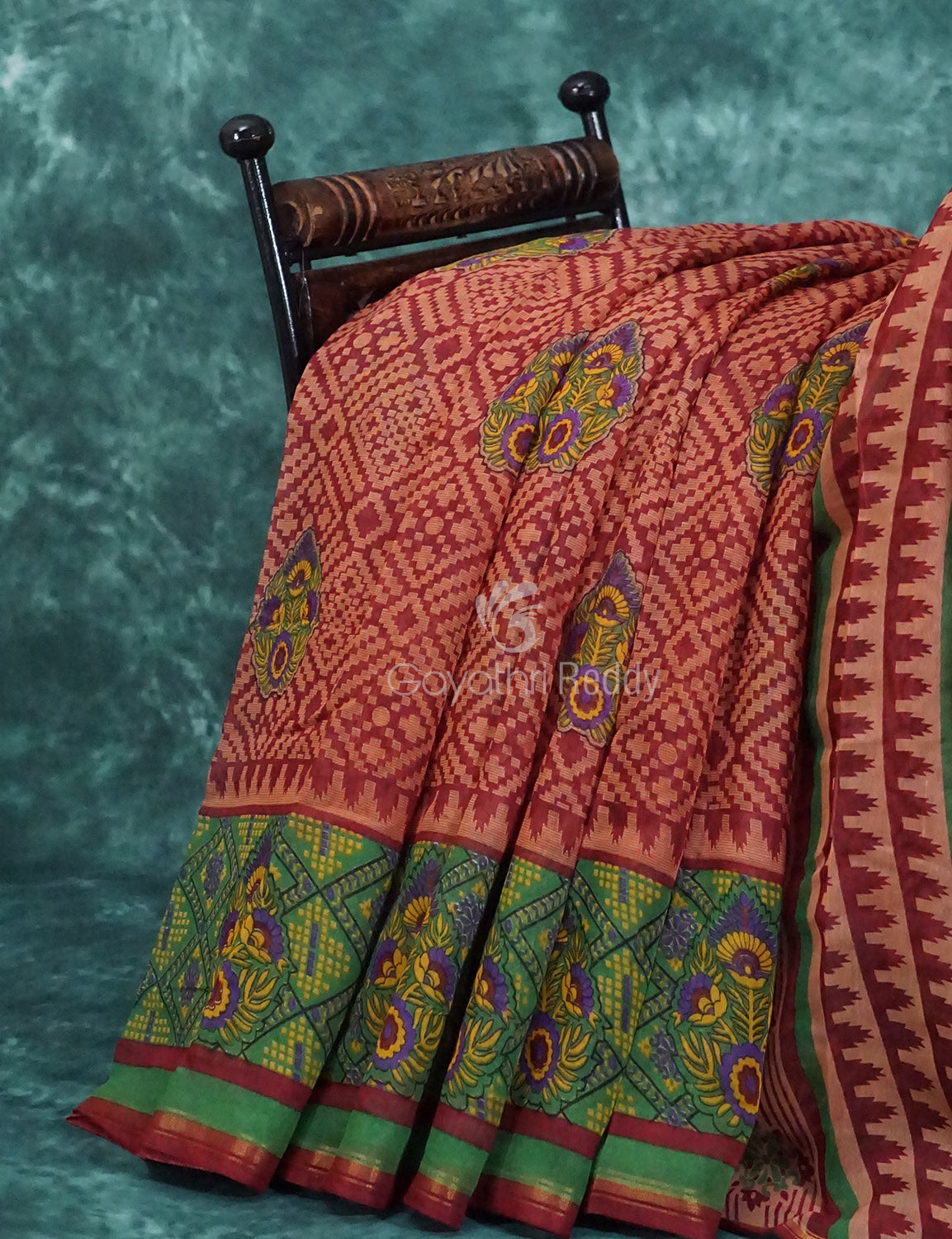 Mix of Orange and Teracotta Red Printed Semi Chanderi Grab2Buy By Gayathri Reddy Designer Studio 