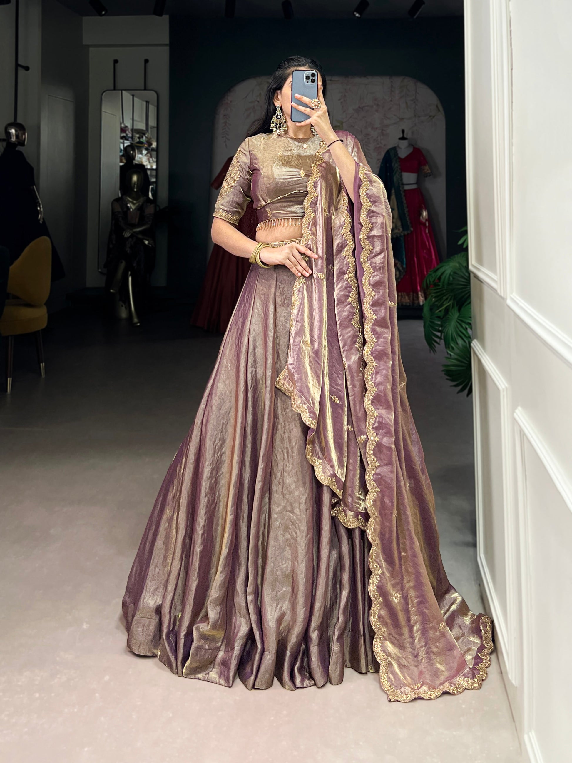 Lorenvalley Lavender Fendi Silk Sequins and Thread Embroidery Work Belt Lehenga Choli with Dupatta 