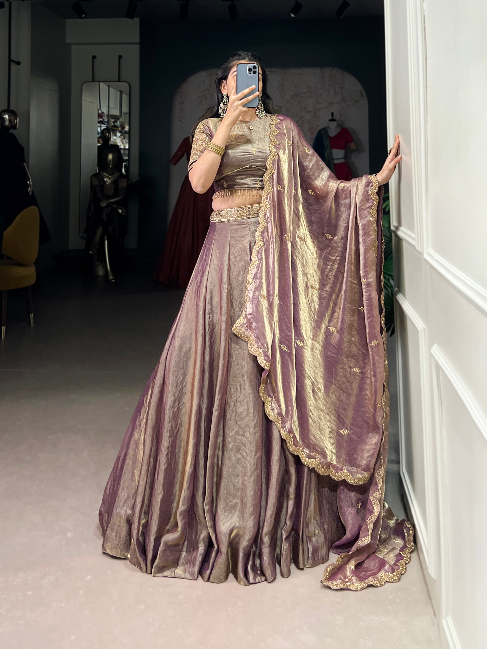 Lorenvalley Lavender Fendi Silk Sequins and Thread Embroidery Work Belt Lehenga Choli with Dupatta 