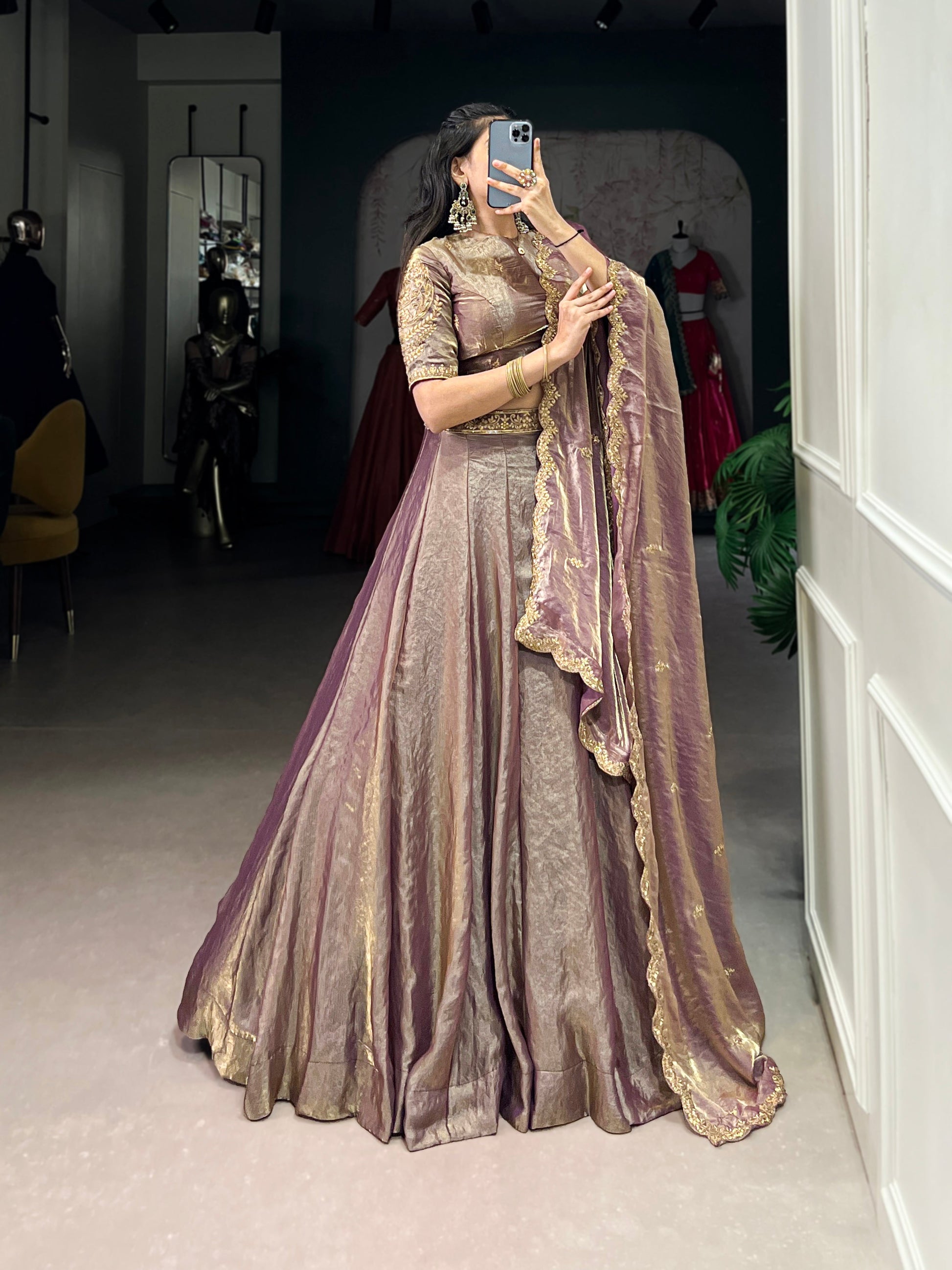 Lorenvalley Lavender Fendi Silk Sequins and Thread Embroidery Work Belt Lehenga Choli with Dupatta 