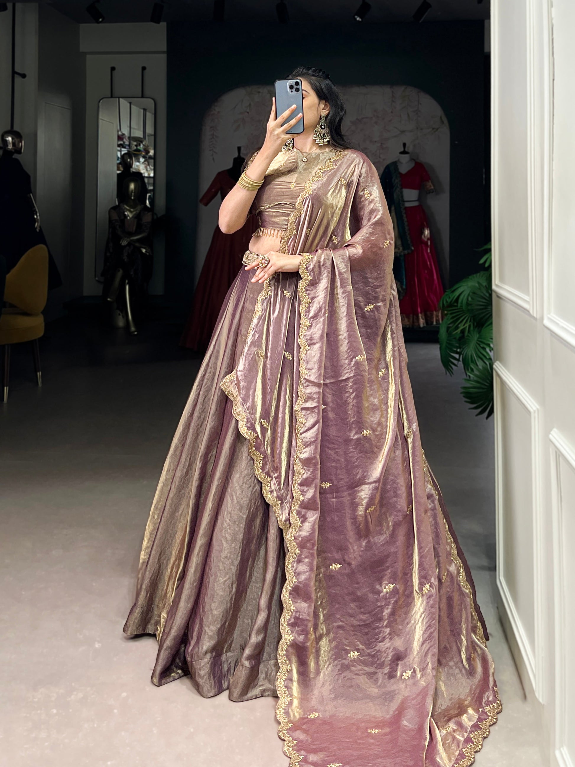 Lorenvalley Lavender Fendi Silk Sequins and Thread Embroidery Work Belt Lehenga Choli with Dupatta 