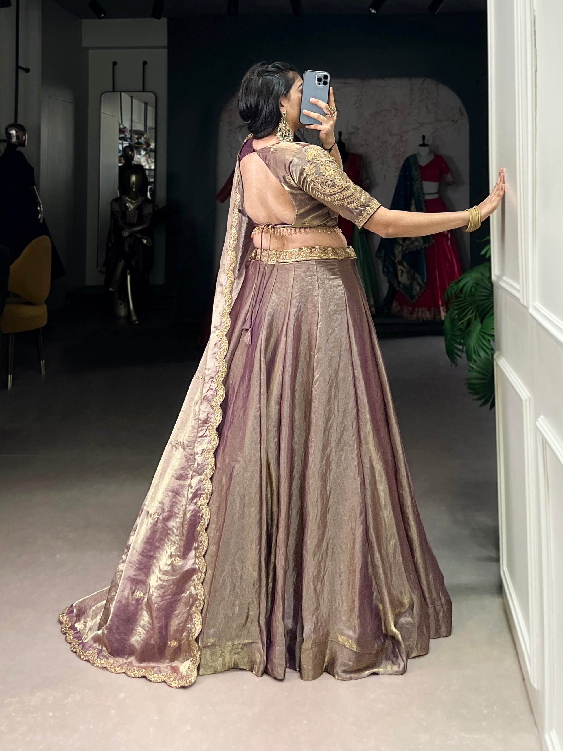 Lorenvalley Lavender Fendi Silk Sequins and Thread Embroidery Work Belt Lehenga Choli with Dupatta 