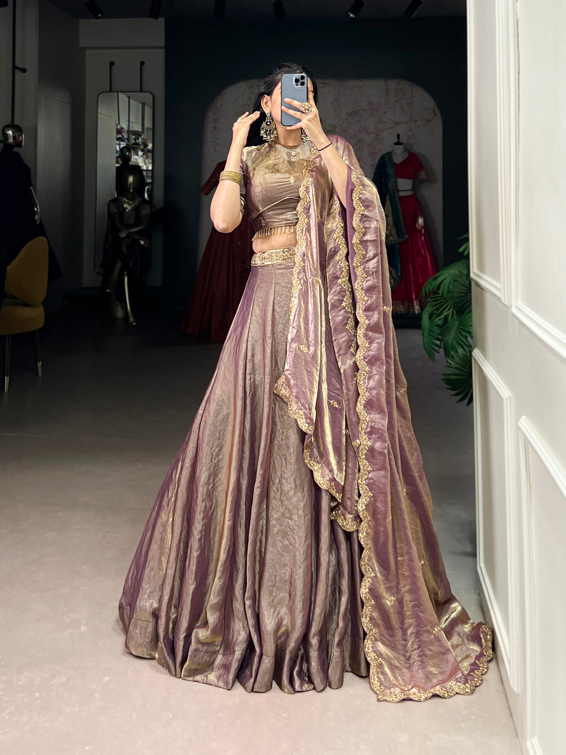 Lorenvalley Lavender Fendi Silk Sequins and Thread Embroidery Work Belt Lehenga Choli with Dupatta 
