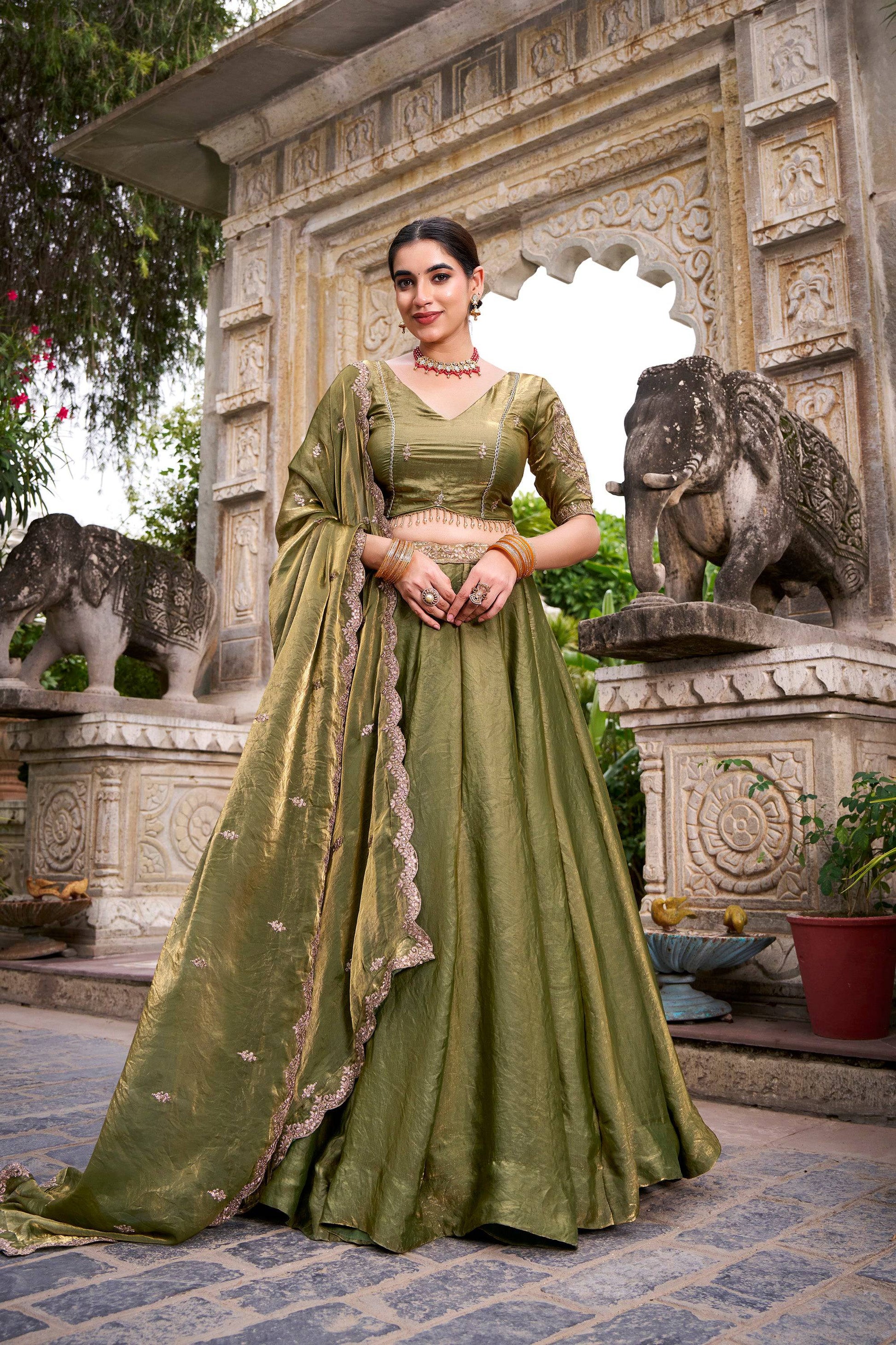 Lorenvalley Fashion Mahendi Fendi Silk Sequins and Thread Embroidery Work Belt Lehenga Choli with Dupatta 