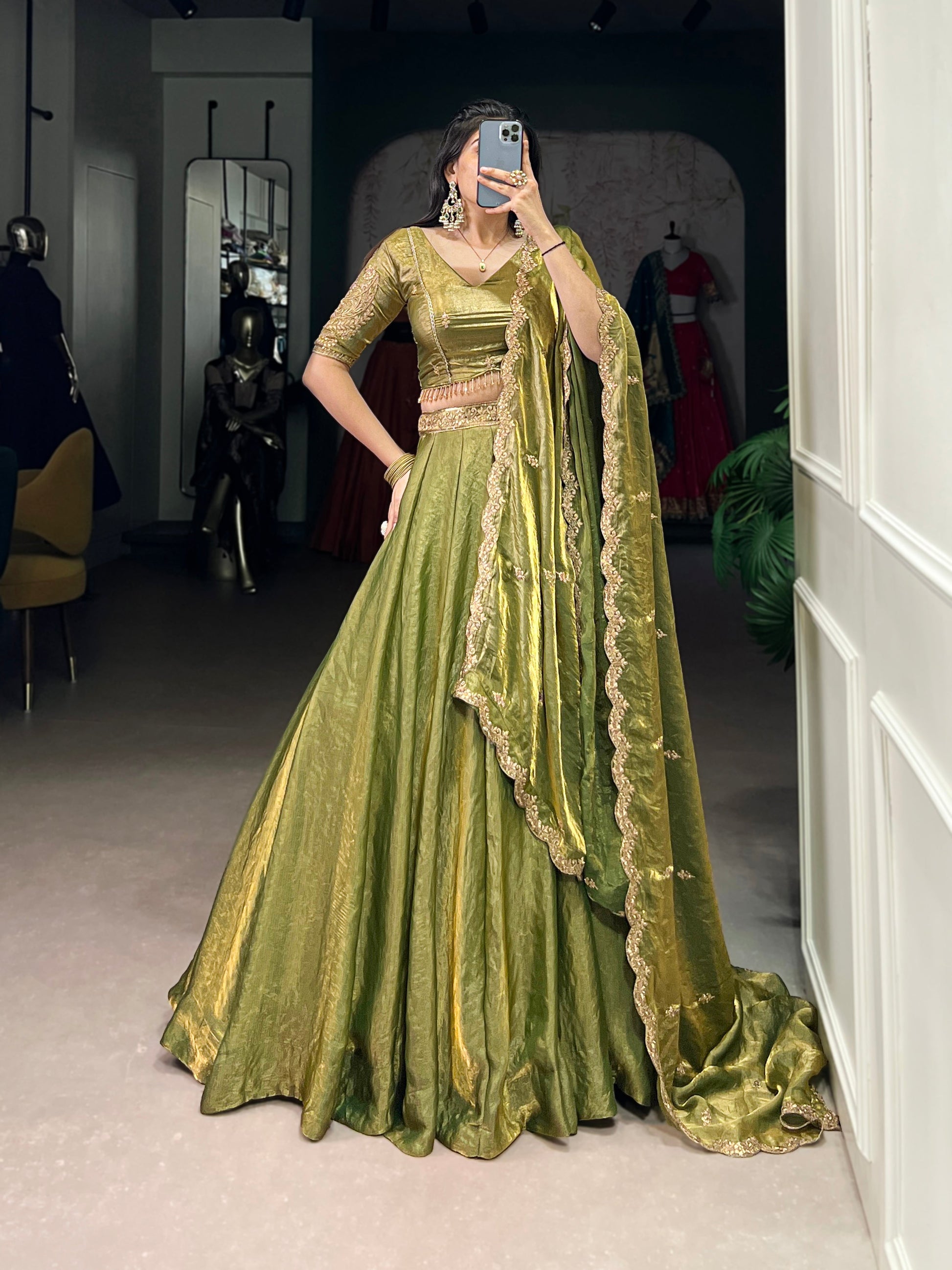 Lorenvalley Mahendi Fendi Silk Sequins and Thread Embroidery Work Belt Lehenga Choli with Dupatta 