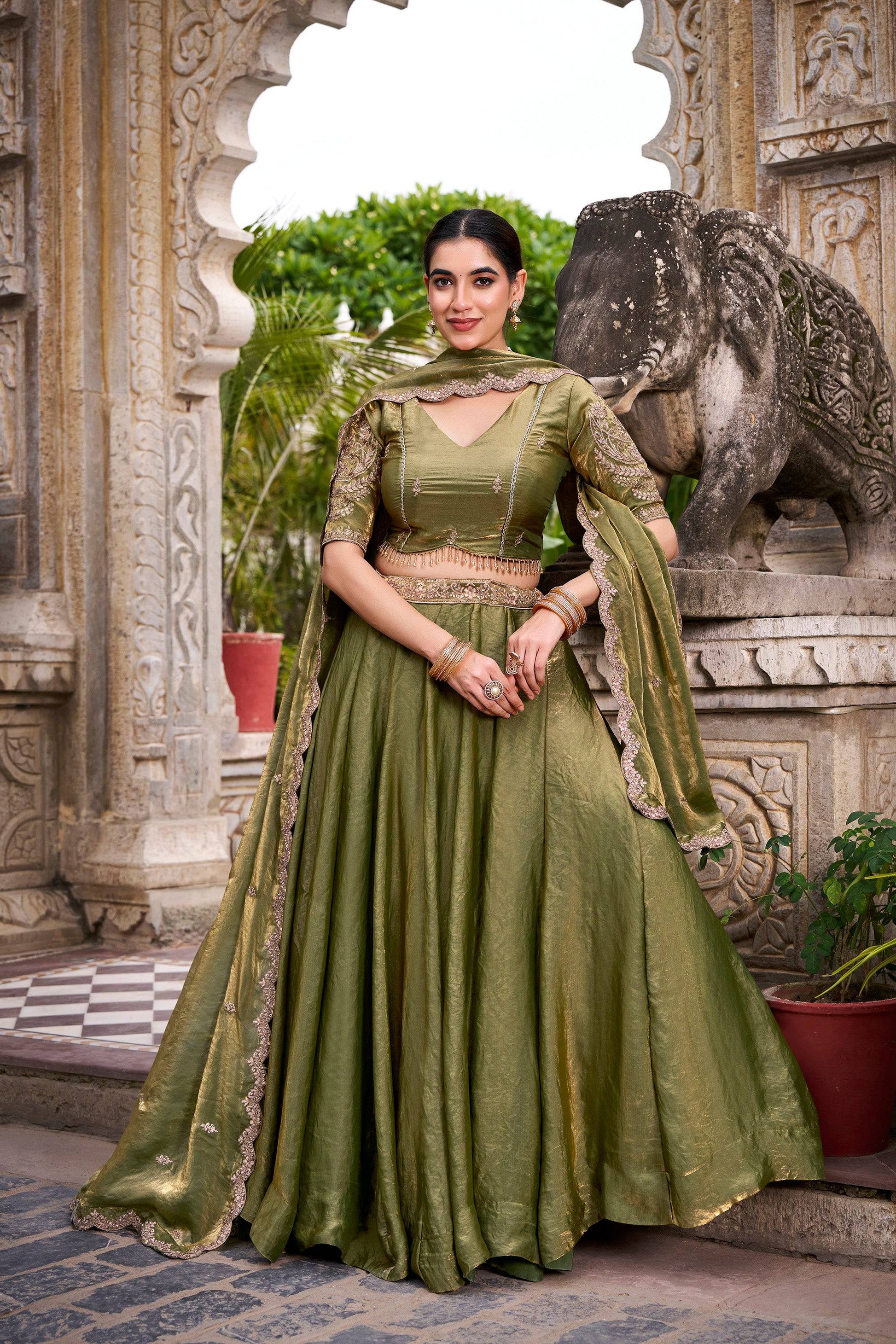 Lorenvalley Fashion Mahendi Fendi Silk Sequins and Thread Embroidery Work Belt Lehenga Choli with Dupatta 