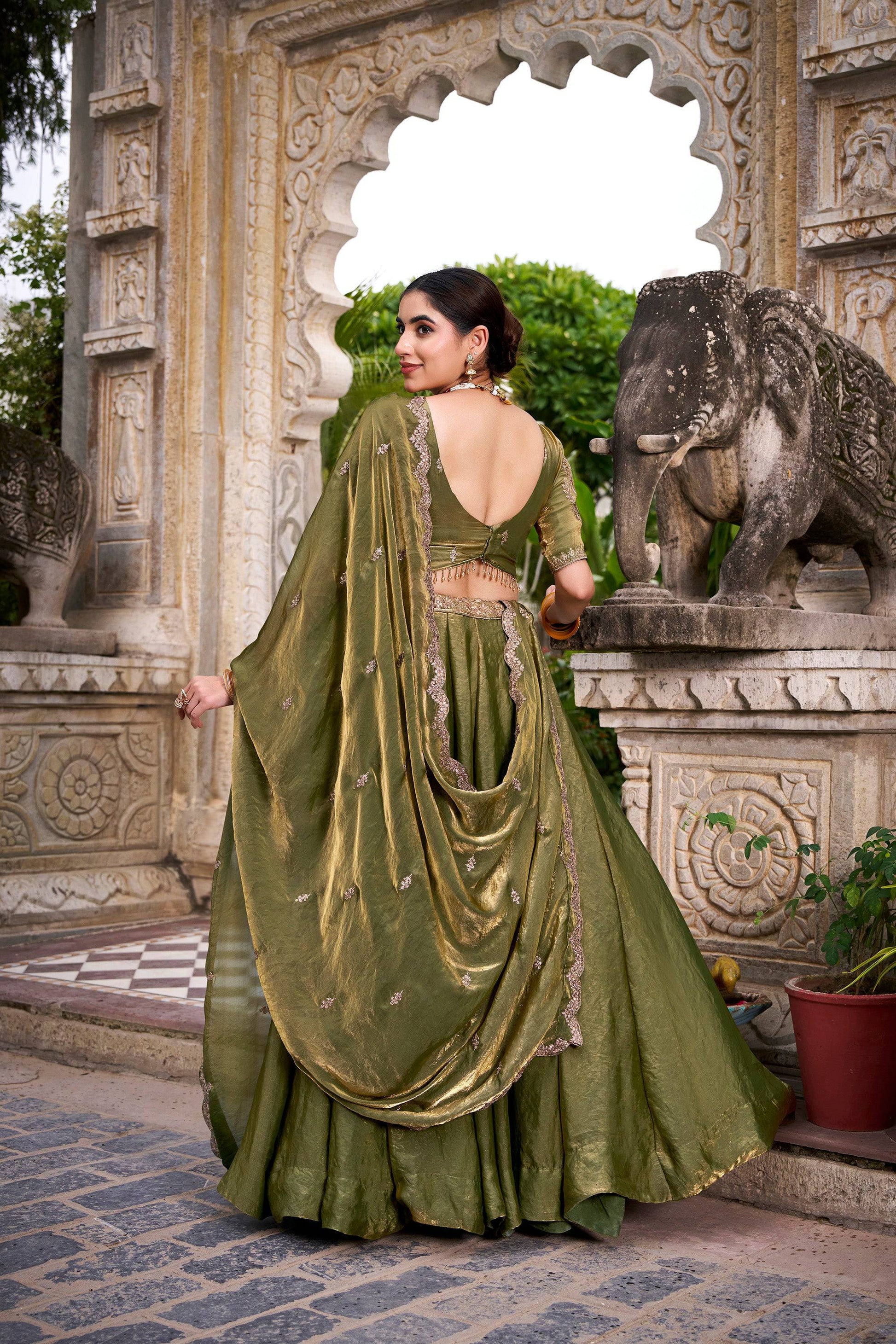 Lorenvalley Fashion Mahendi Fendi Silk Sequins and Thread Embroidery Work Belt Lehenga Choli with Dupatta 