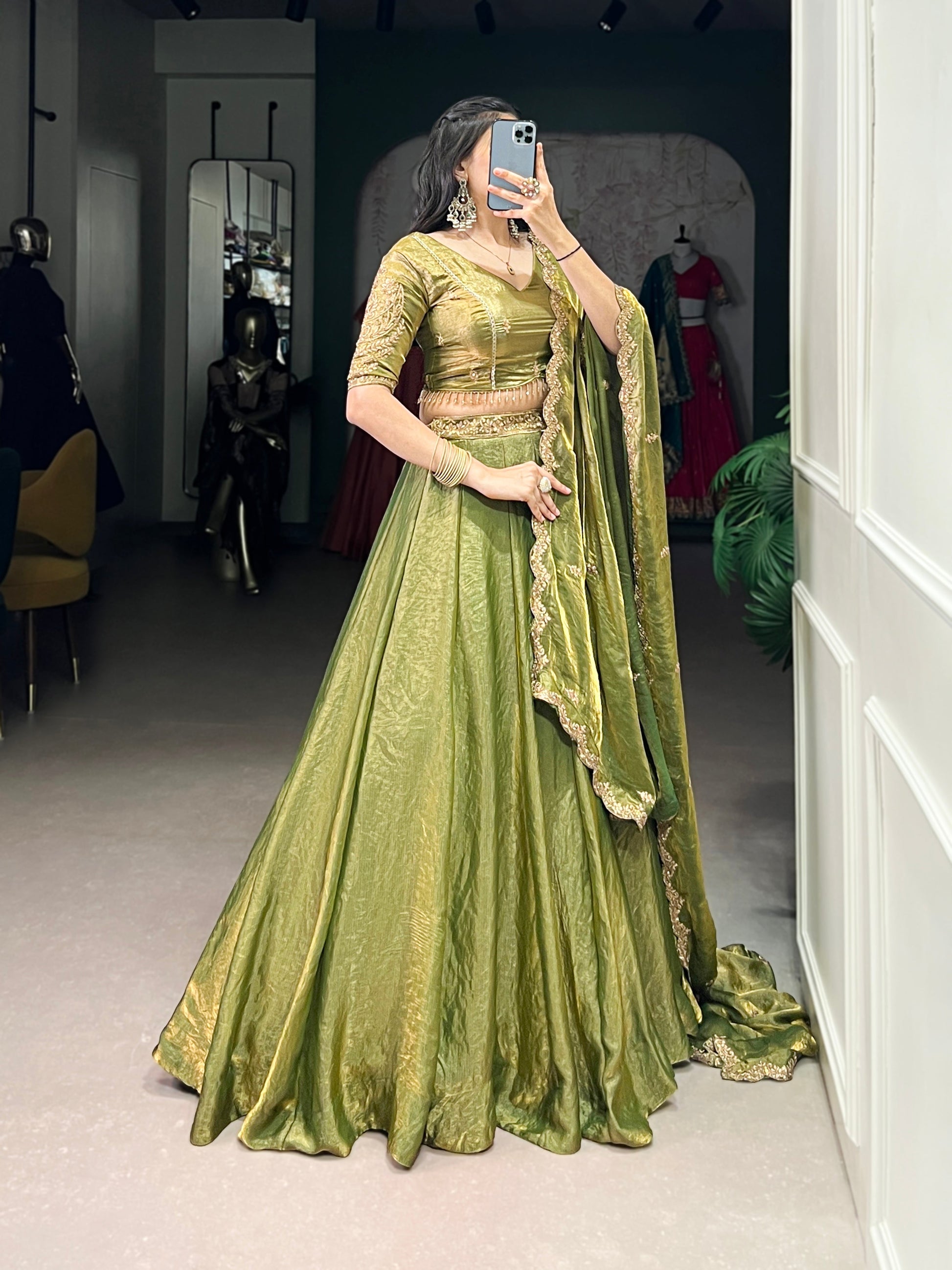 Lorenvalley Mahendi Fendi Silk Sequins and Thread Embroidery Work Belt Lehenga Choli with Dupatta 