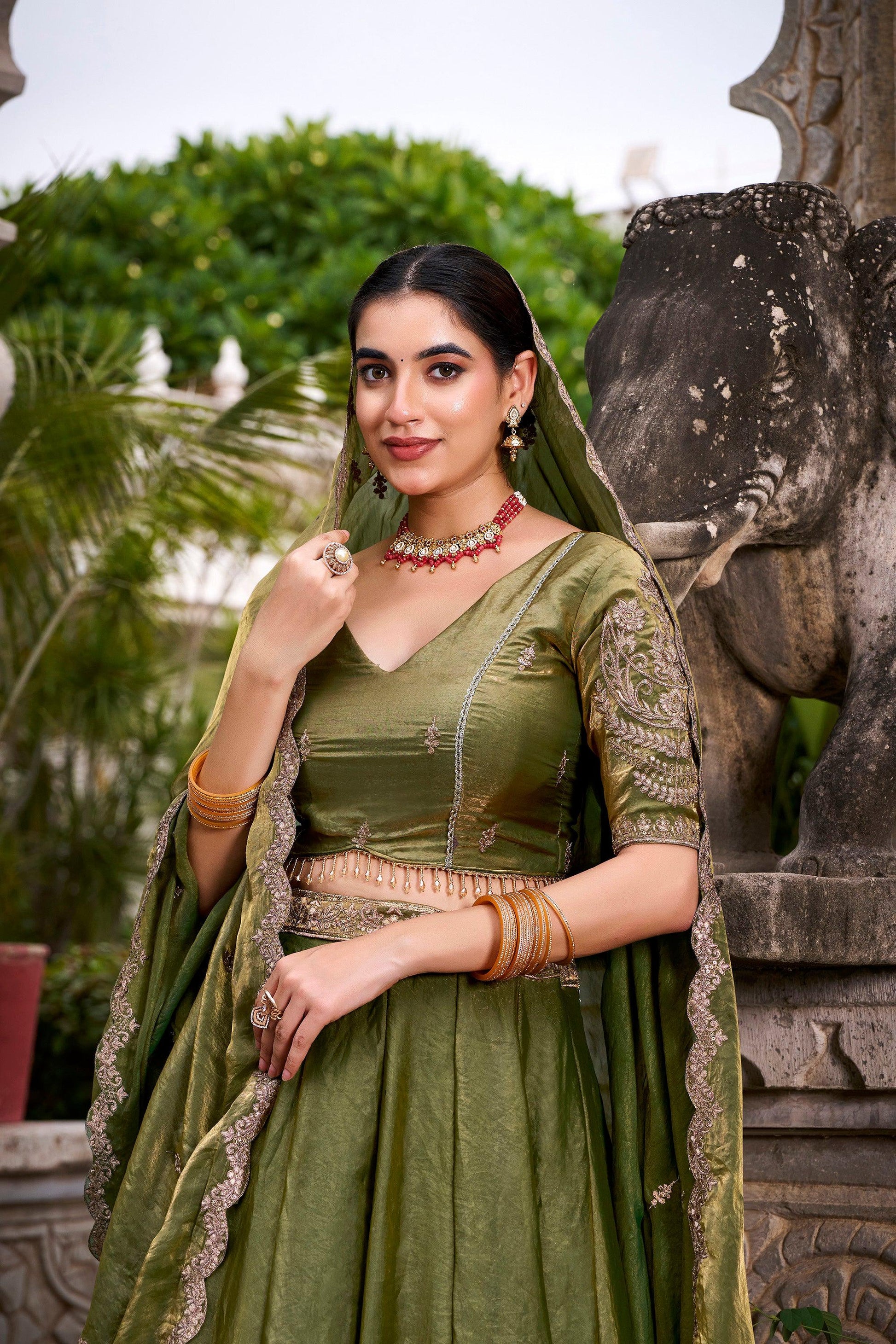 Lorenvalley Fashion Mahendi Fendi Silk Sequins and Thread Embroidery Work Belt Lehenga Choli with Dupatta 