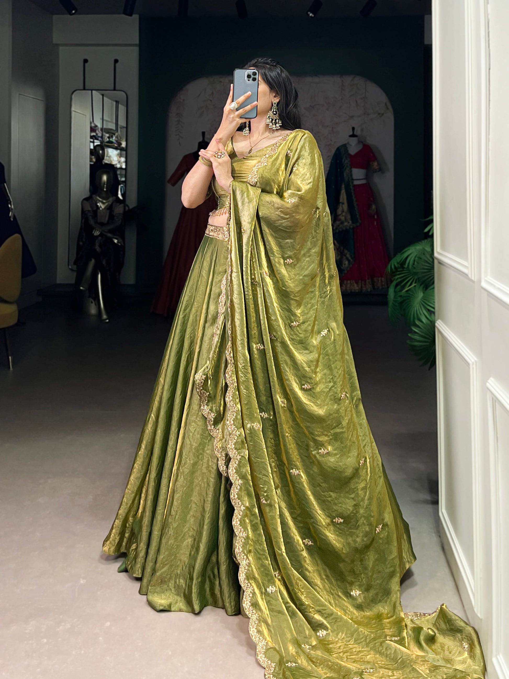 Lorenvalley Mahendi Fendi Silk Sequins and Thread Embroidery Work Belt Lehenga Choli with Dupatta 