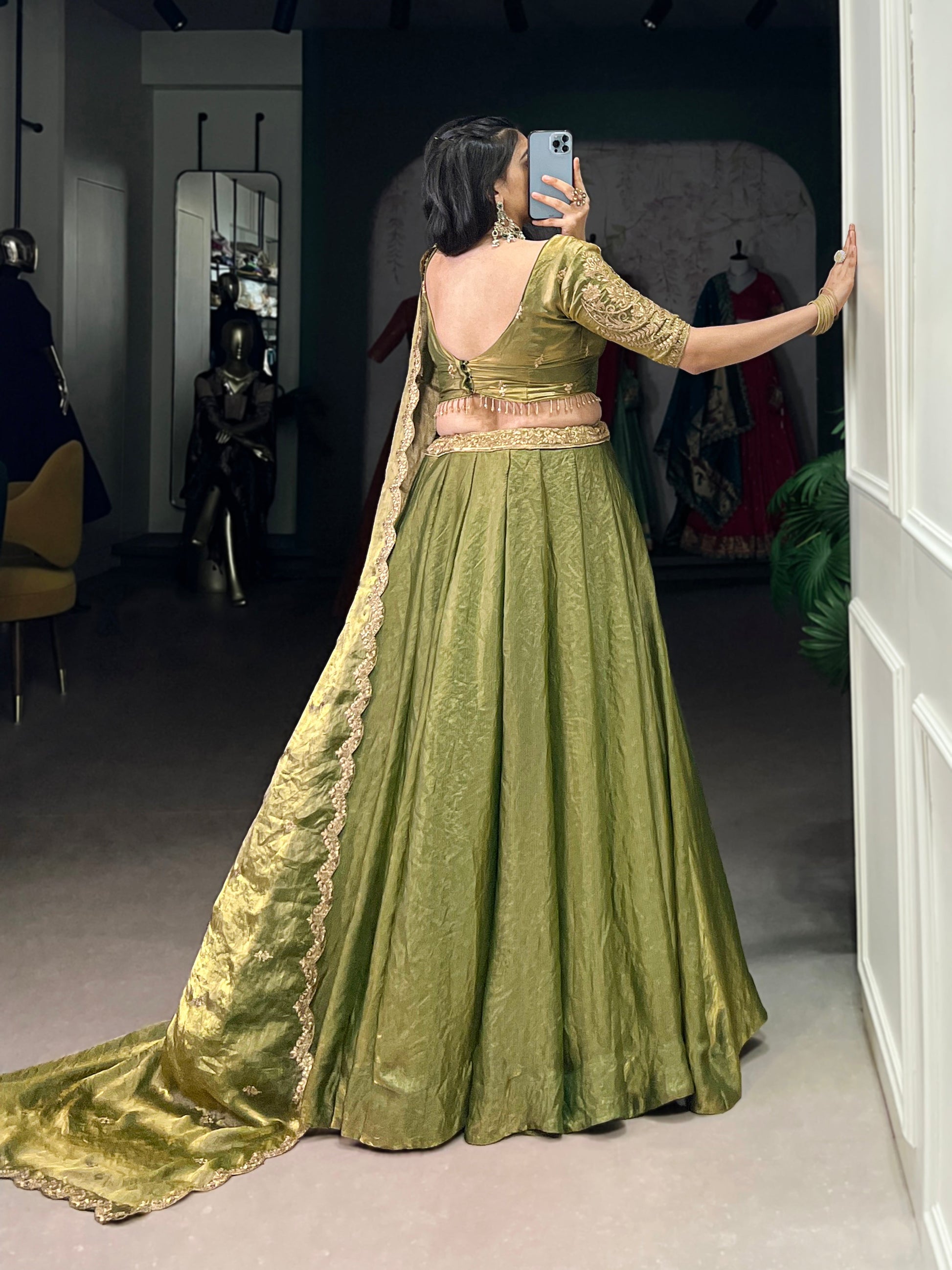 Lorenvalley Mahendi Fendi Silk Sequins and Thread Embroidery Work Belt Lehenga Choli with Dupatta 