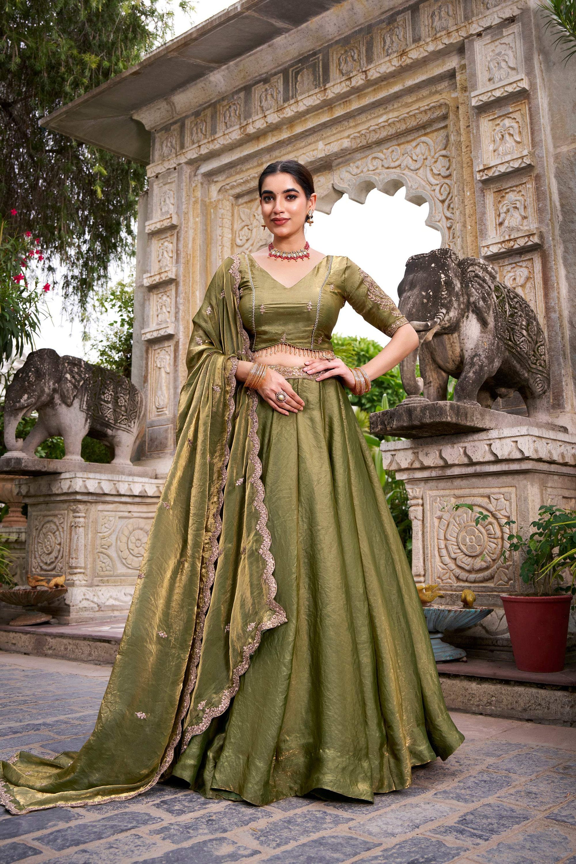 Lorenvalley Fashion Mahendi Fendi Silk Sequins and Thread Embroidery Work Belt Lehenga Choli with Dupatta 