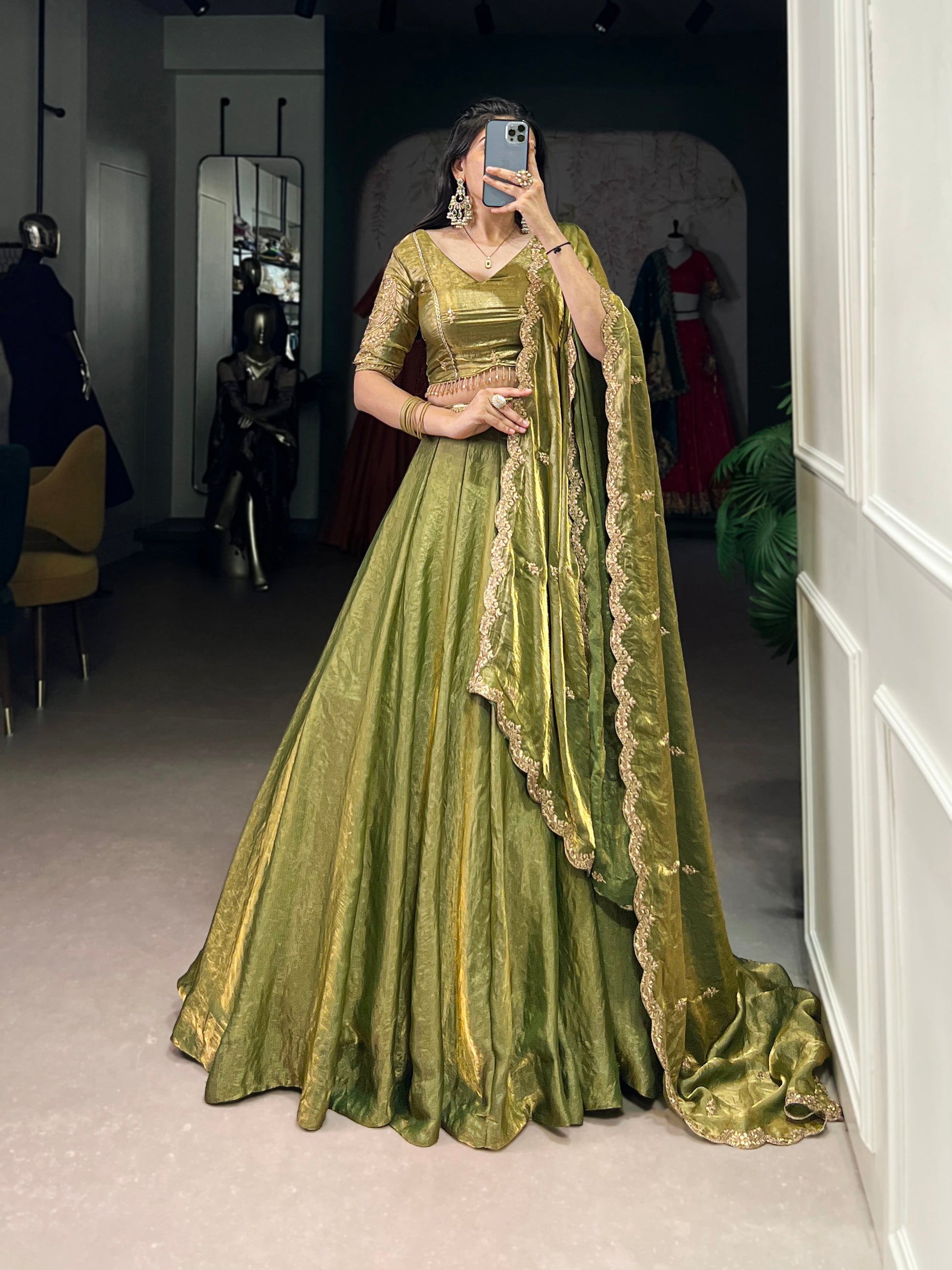 Lorenvalley Mahendi Fendi Silk Sequins and Thread Embroidery Work Belt Lehenga Choli with Dupatta 