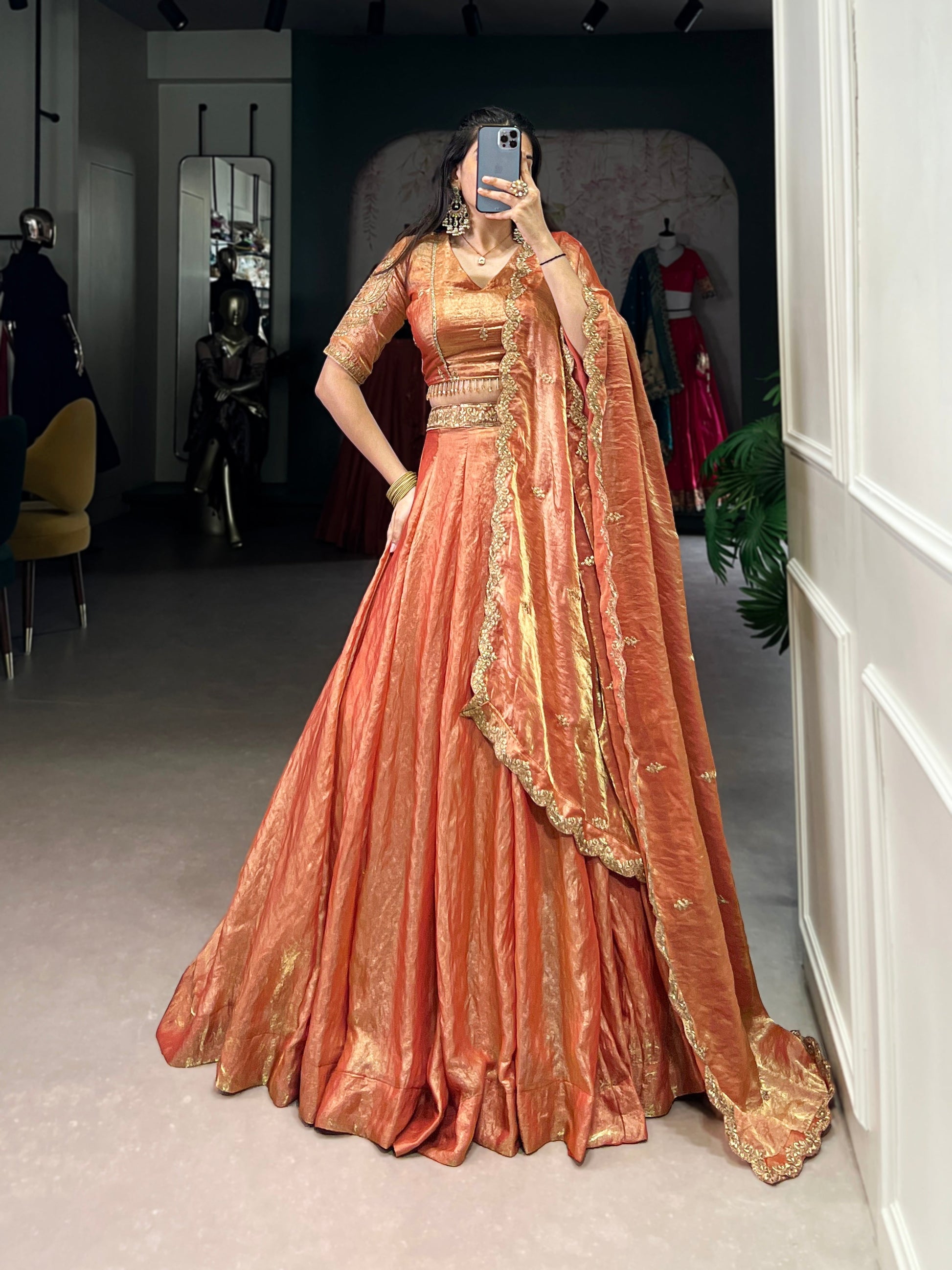 Lorenvalley Rosegold Fendi Silk Sequins and Thread Embroidery Work Belt Lehenga Choli with Dupatta 