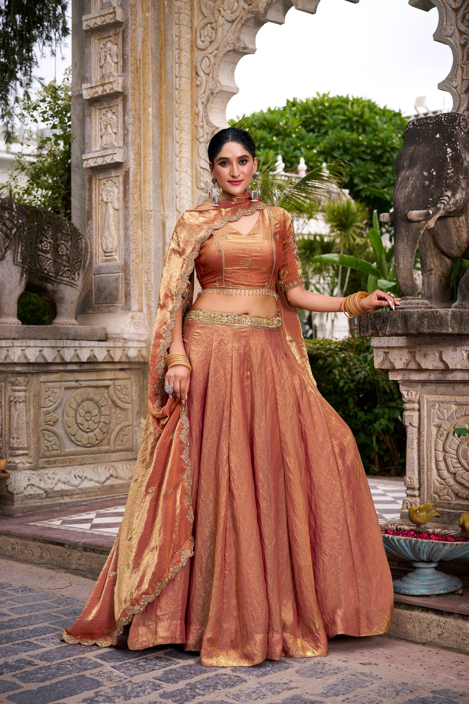 Lorenvalley Fashion Rosegold Fendi Silk Sequins and Thread Embroidery Work Belt Lehenga Choli with Dupatta 