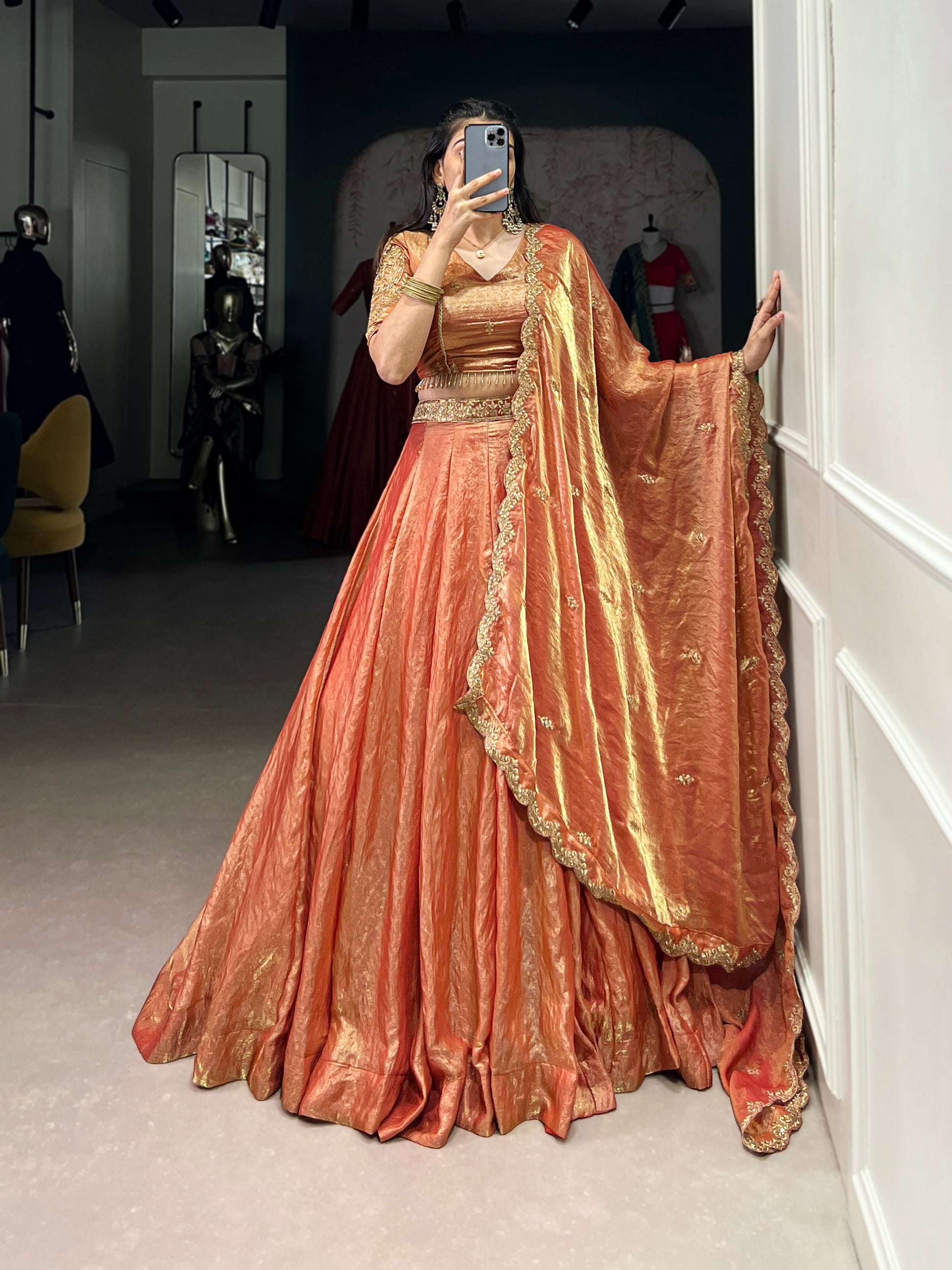 Lorenvalley Rosegold Fendi Silk Sequins and Thread Embroidery Work Belt Lehenga Choli with Dupatta 