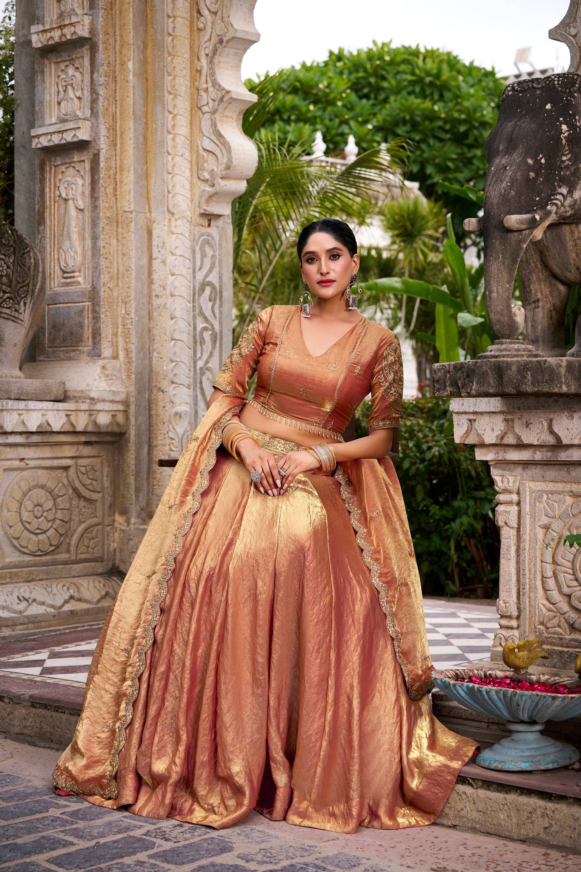 Lorenvalley Fashion Rosegold Fendi Silk Sequins and Thread Embroidery Work Belt Lehenga Choli with Dupatta 