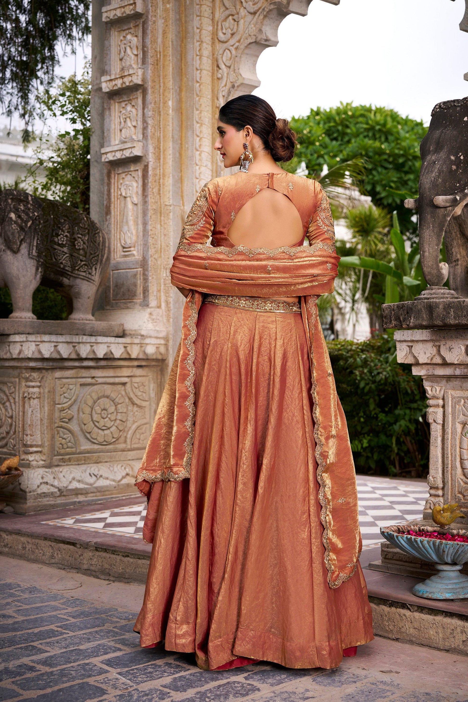 Lorenvalley Fashion Rosegold Fendi Silk Sequins and Thread Embroidery Work Belt Lehenga Choli with Dupatta 