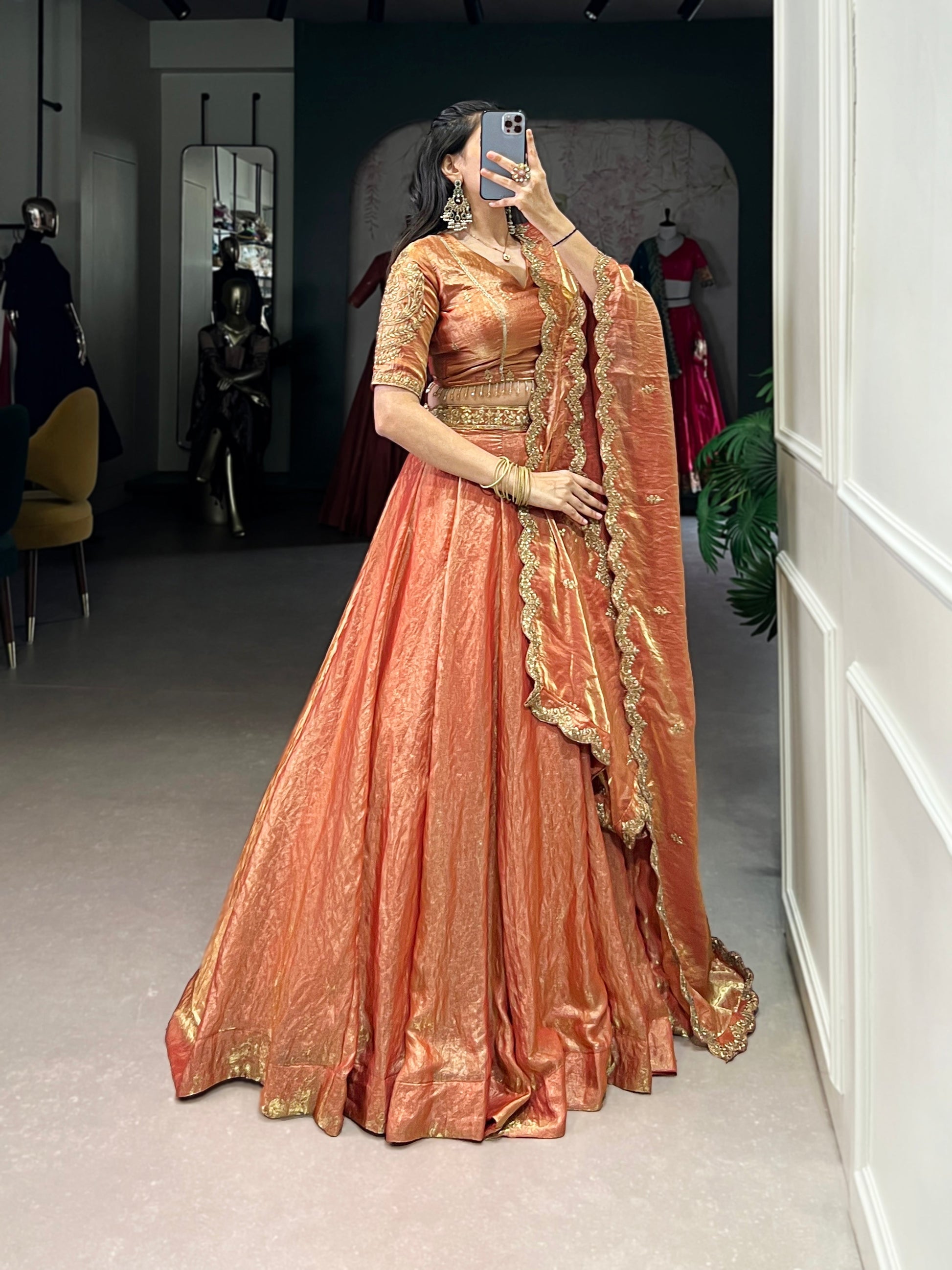 Lorenvalley Rosegold Fendi Silk Sequins and Thread Embroidery Work Belt Lehenga Choli with Dupatta 