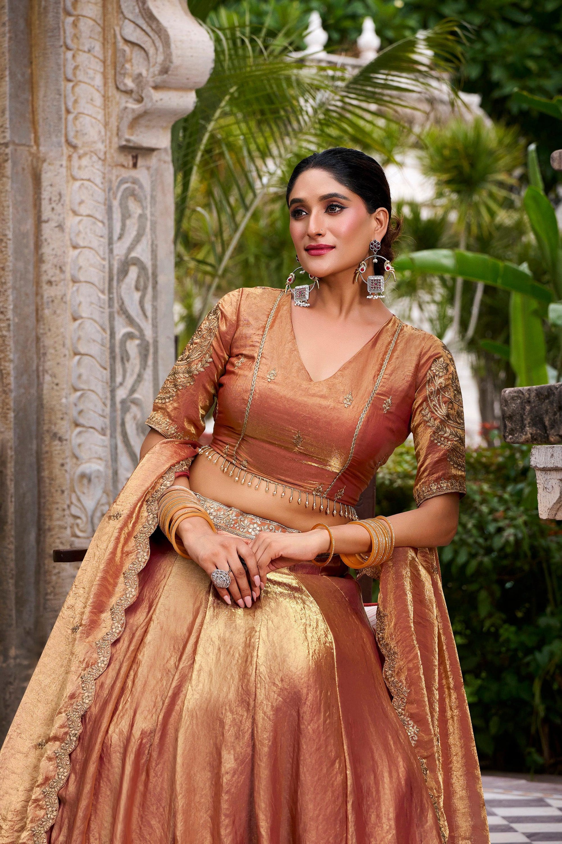 Lorenvalley Fashion Rosegold Fendi Silk Sequins and Thread Embroidery Work Belt Lehenga Choli with Dupatta 