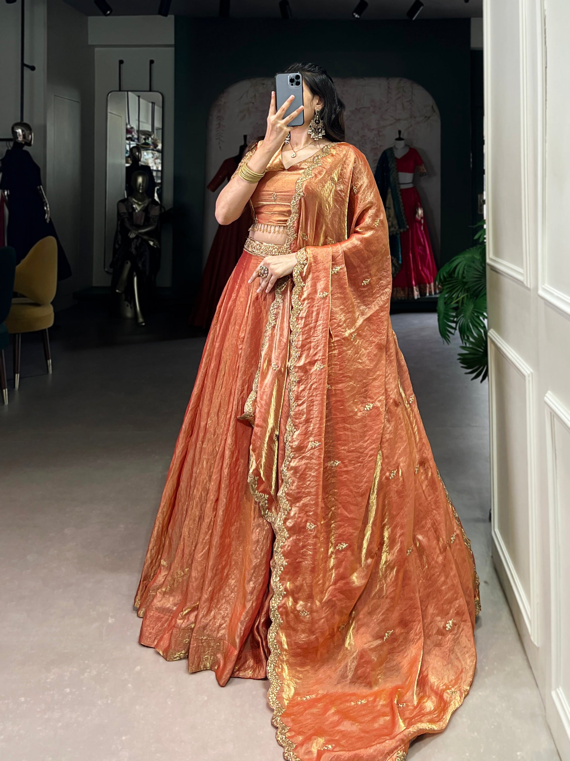Lorenvalley Rosegold Fendi Silk Sequins and Thread Embroidery Work Belt Lehenga Choli with Dupatta 