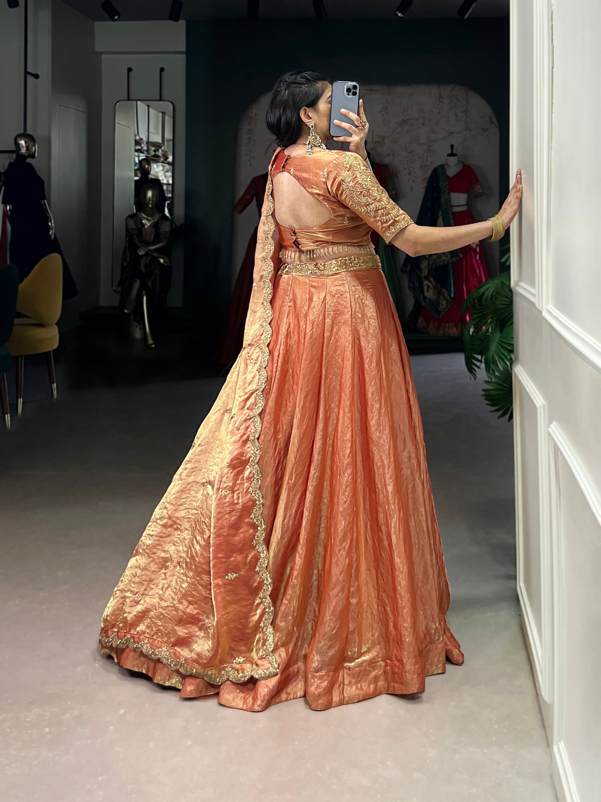 Lorenvalley Rosegold Fendi Silk Sequins and Thread Embroidery Work Belt Lehenga Choli with Dupatta 