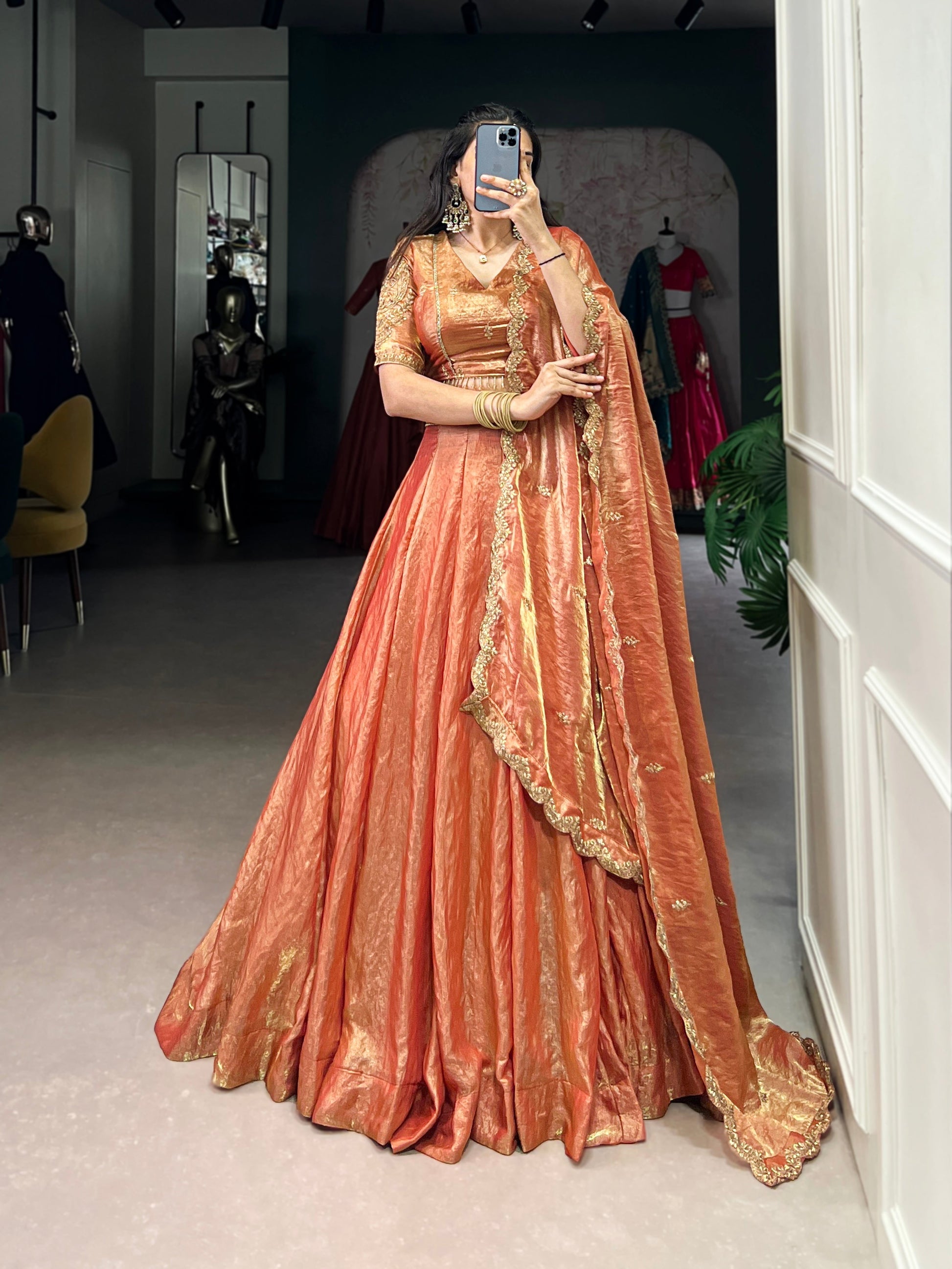 Lorenvalley Rosegold Fendi Silk Sequins and Thread Embroidery Work Belt Lehenga Choli with Dupatta 