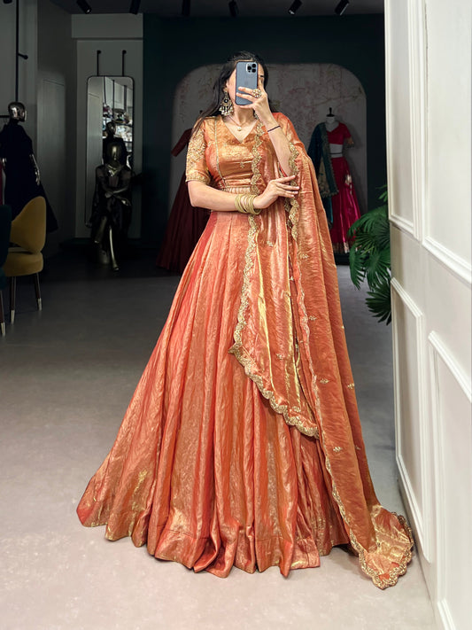Lorenvalley Rosegold Fendi Silk Sequins and Thread Embroidery Work Belt Lehenga Choli with Dupatta 