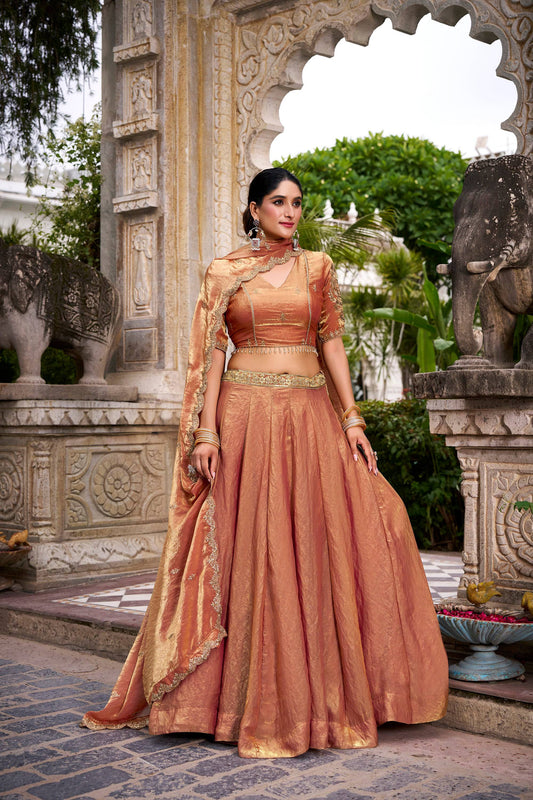 Lorenvalley Fashion Rosegold Fendi Silk Sequins and Thread Embroidery Work Belt Lehenga Choli with Dupatta 