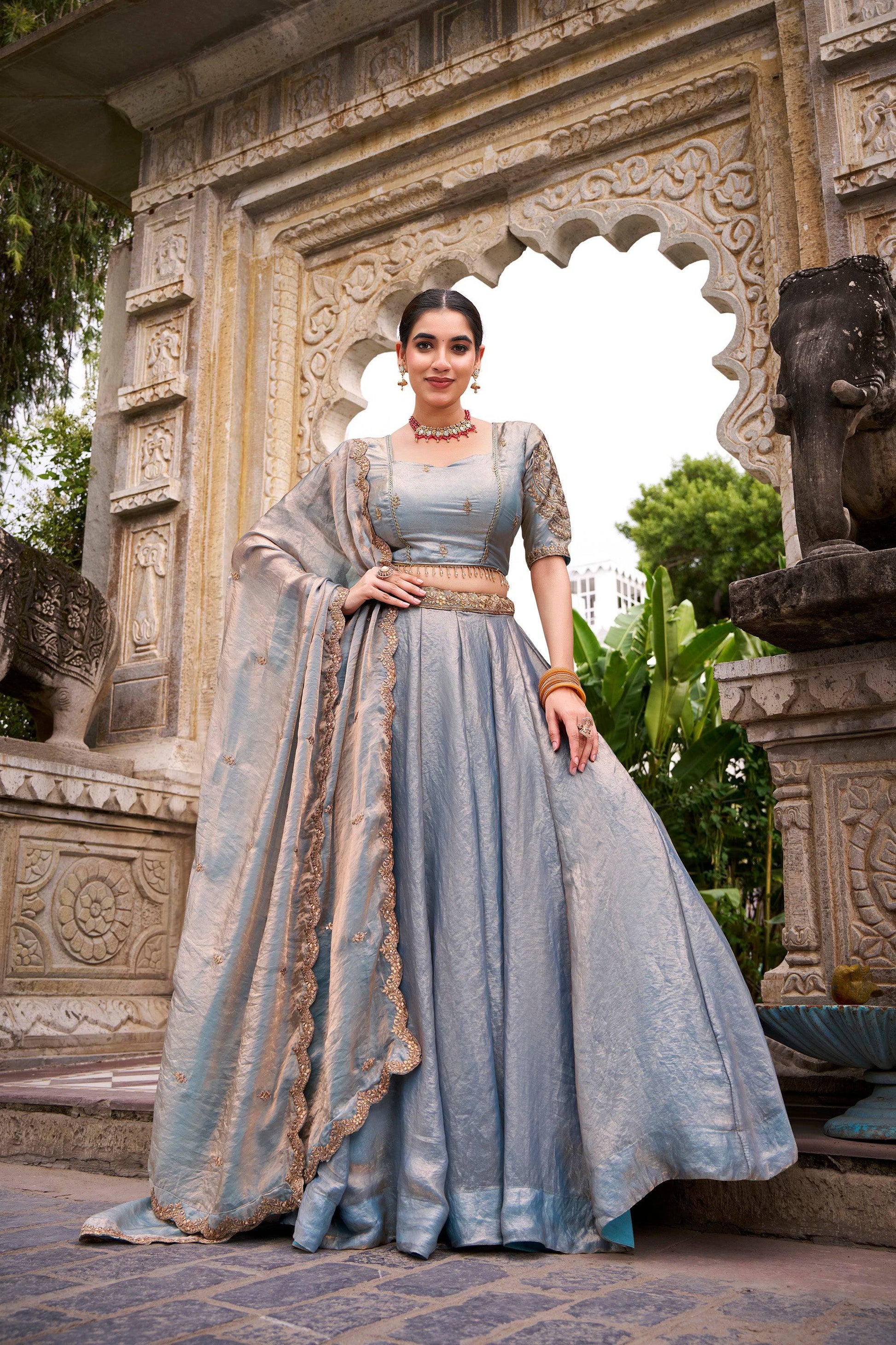 Lorenvalley Fashion Skyblue Fendi Silk Sequins and Thread Embroidery Work Belt Lehenga Choli with Dupatta 