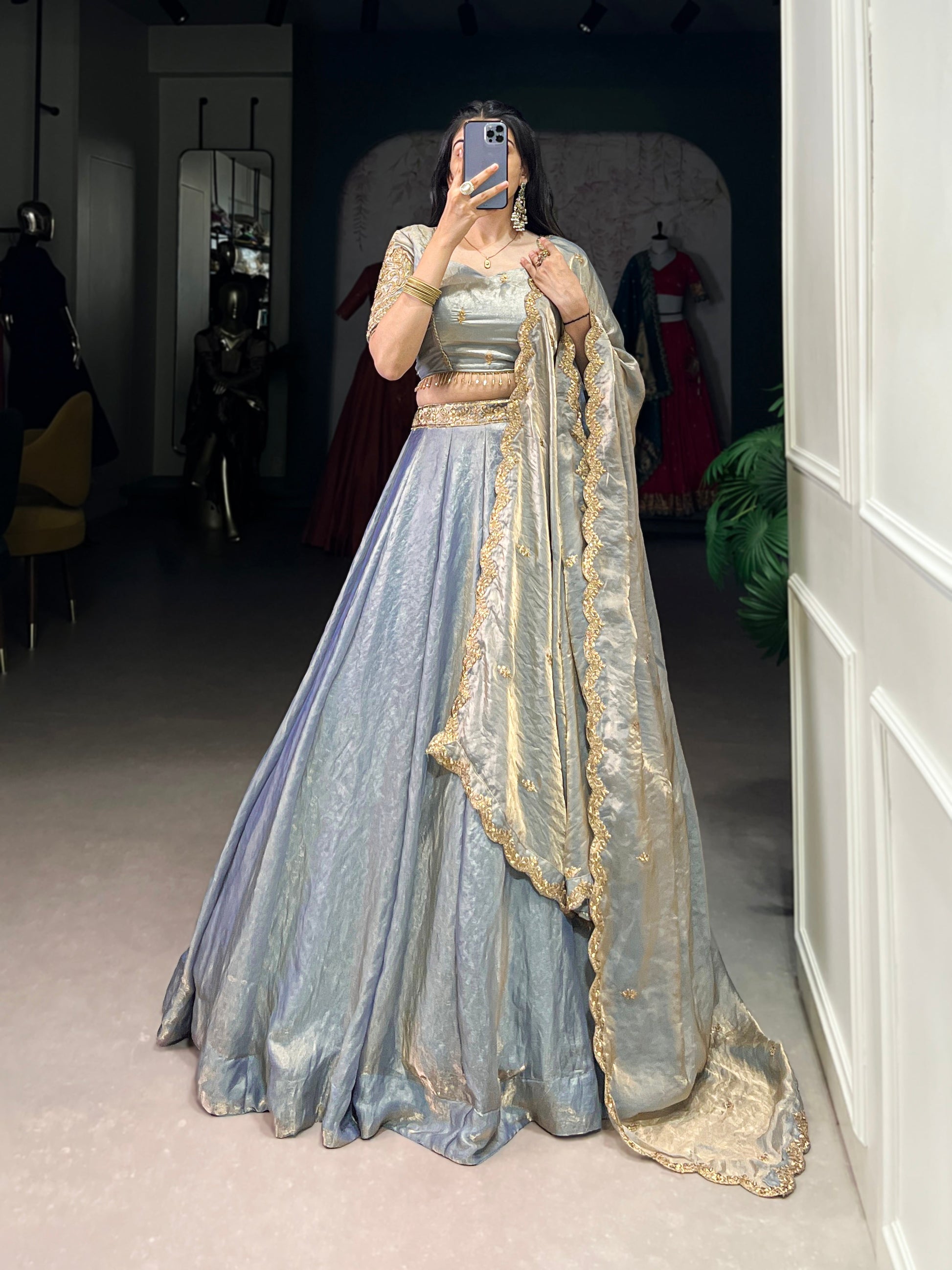 Lorenvalley Skyblue Fendi Silk Sequins and Thread Embroidery Work Belt Lehenga Choli with Dupatta 