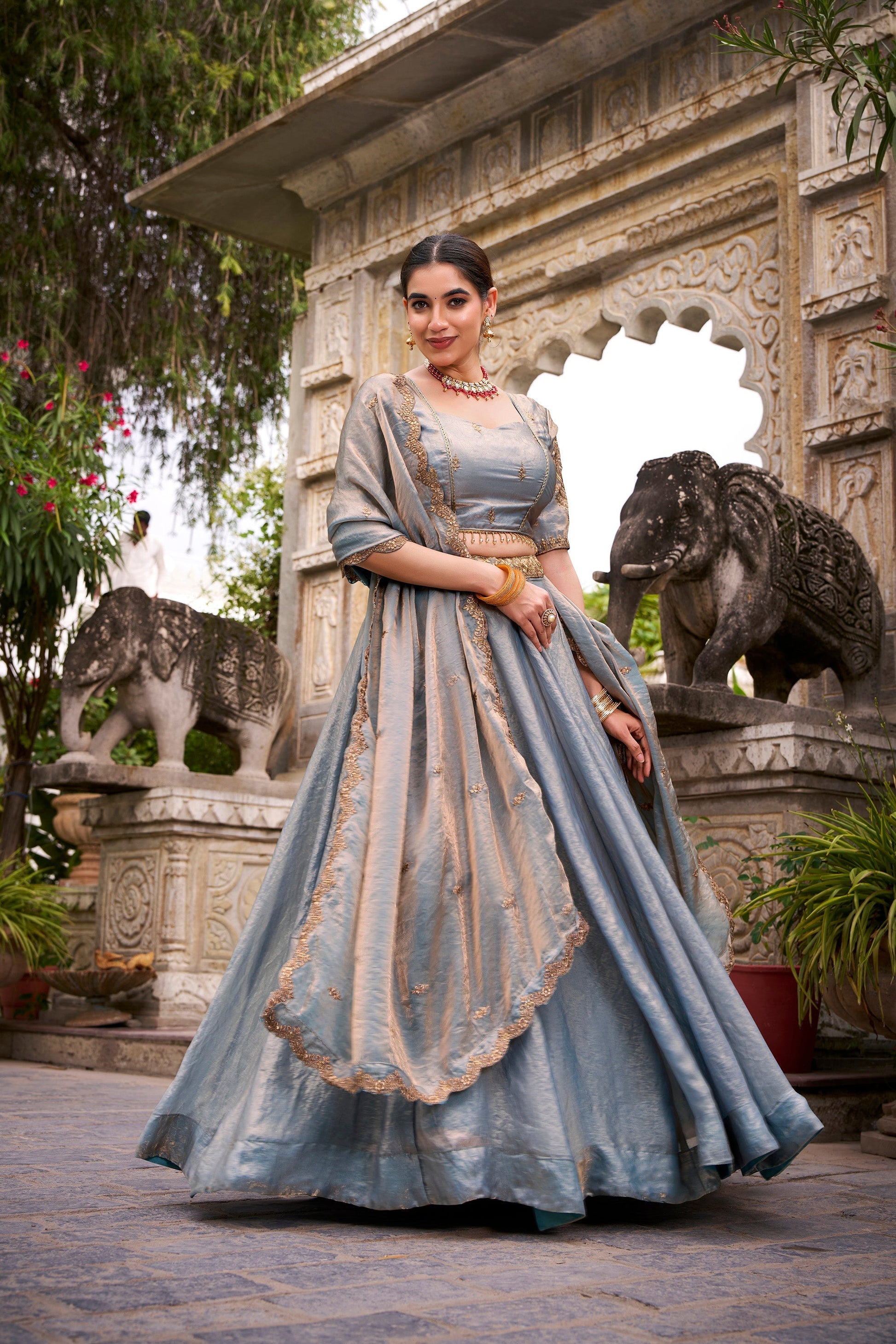 Lorenvalley Fashion Skyblue Fendi Silk Sequins and Thread Embroidery Work Belt Lehenga Choli with Dupatta 