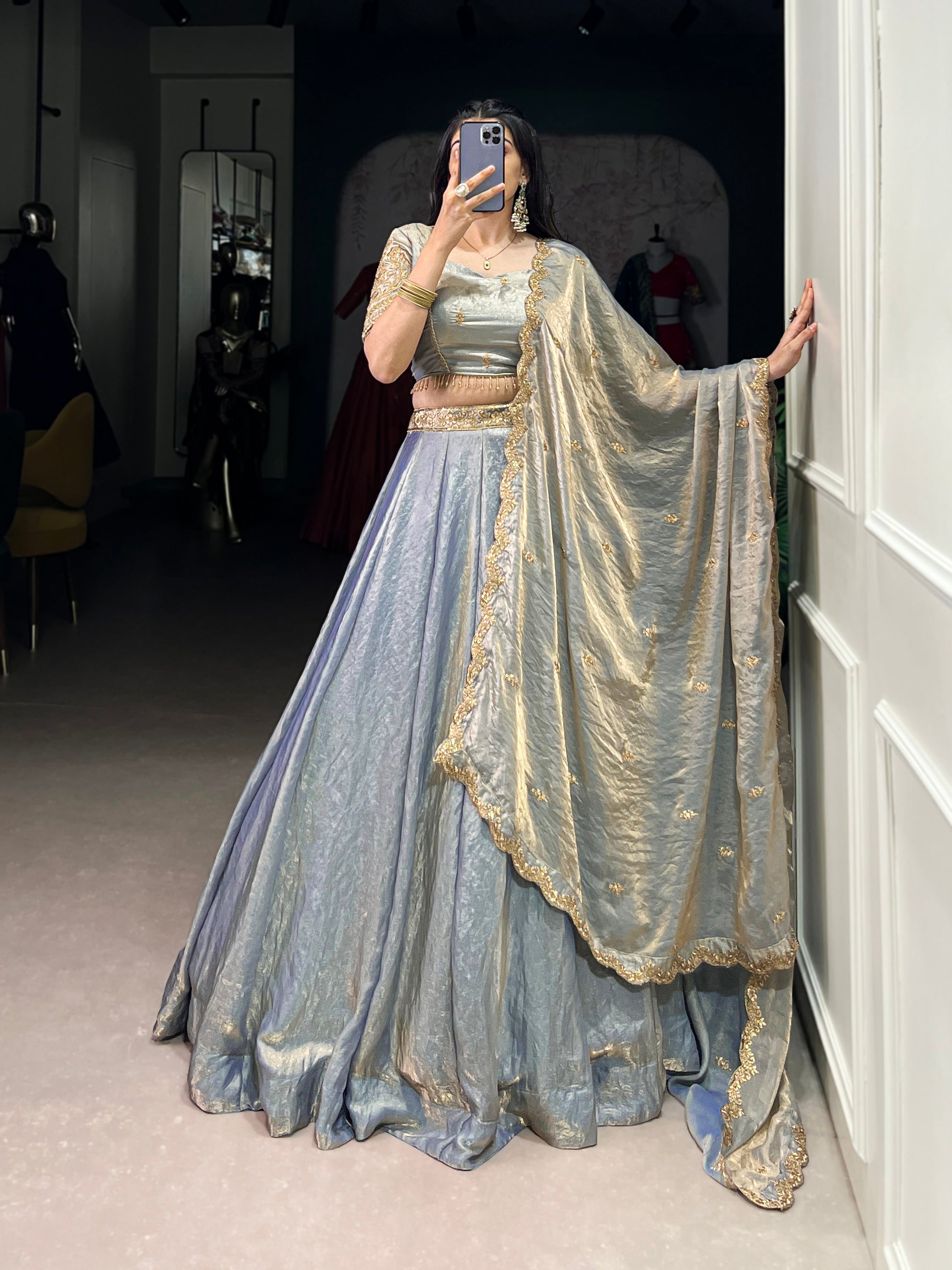 Lorenvalley Skyblue Fendi Silk Sequins and Thread Embroidery Work Belt Lehenga Choli with Dupatta 