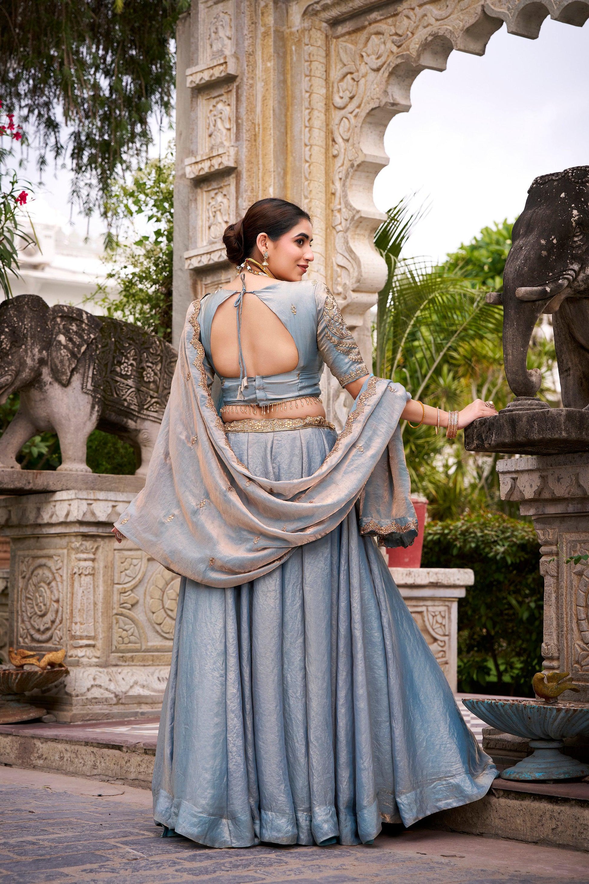 Lorenvalley Fashion Skyblue Fendi Silk Sequins and Thread Embroidery Work Belt Lehenga Choli with Dupatta 
