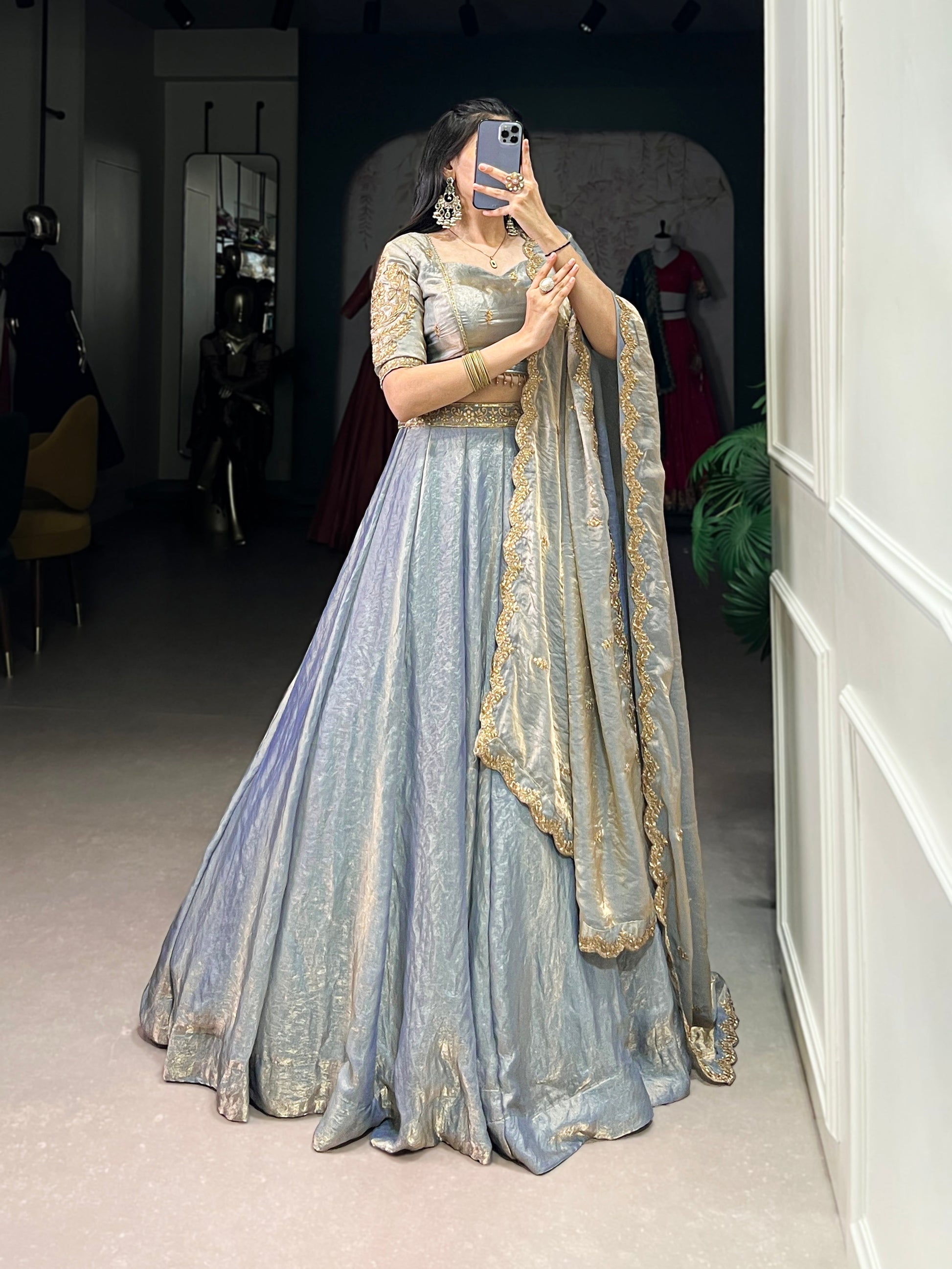 Lorenvalley Skyblue Fendi Silk Sequins and Thread Embroidery Work Belt Lehenga Choli with Dupatta 